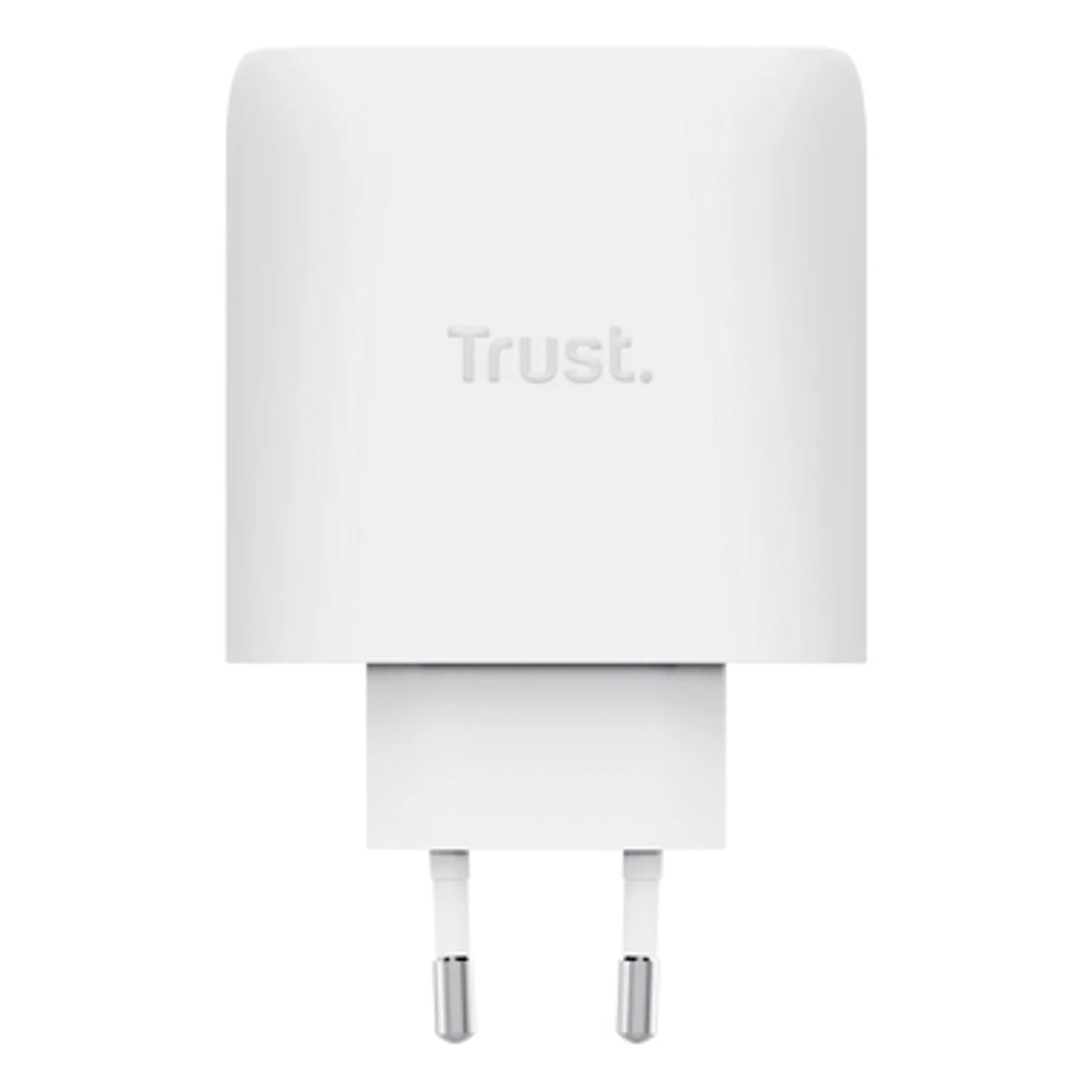 Dos du chargeur Trust Maxo blanc, logo Trust et broches secteur EU repliées