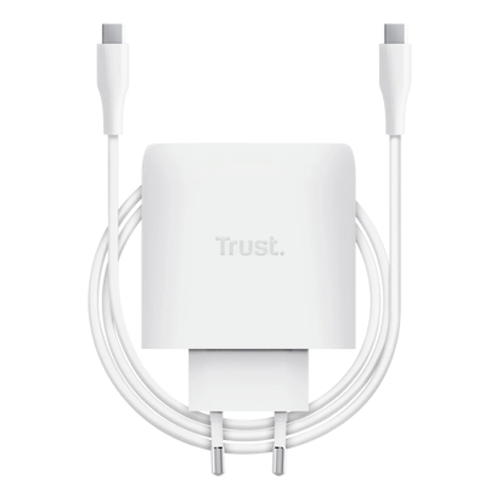 Chargeur Trust Maxo 65W blanc posé avec son câble USB-C 2m blanc déployé