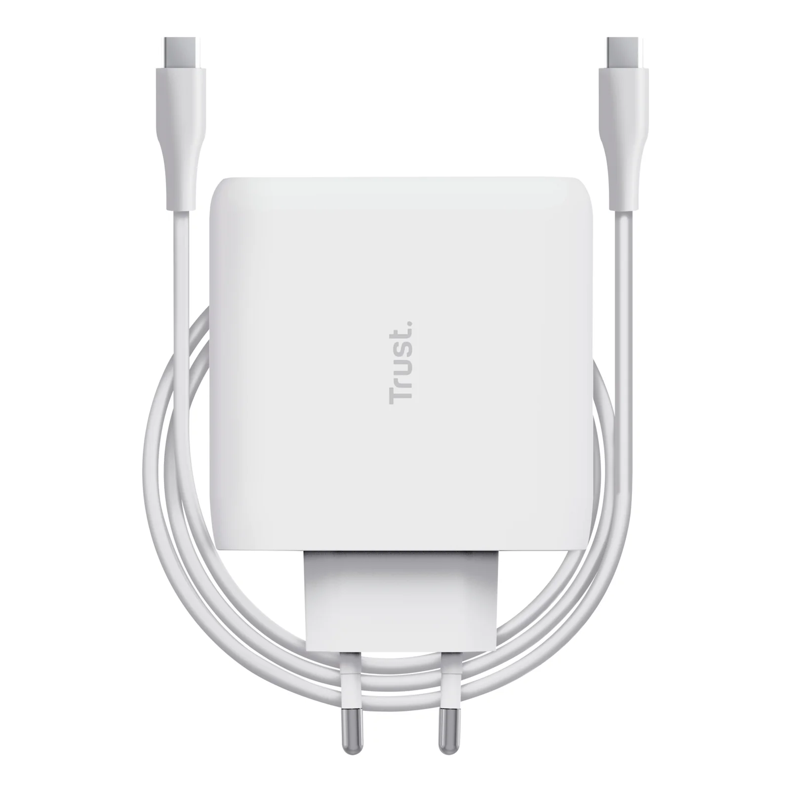 Chargeur blanc Trust Maxo posé avec câble USB-C blanc 2 m déroulé devant