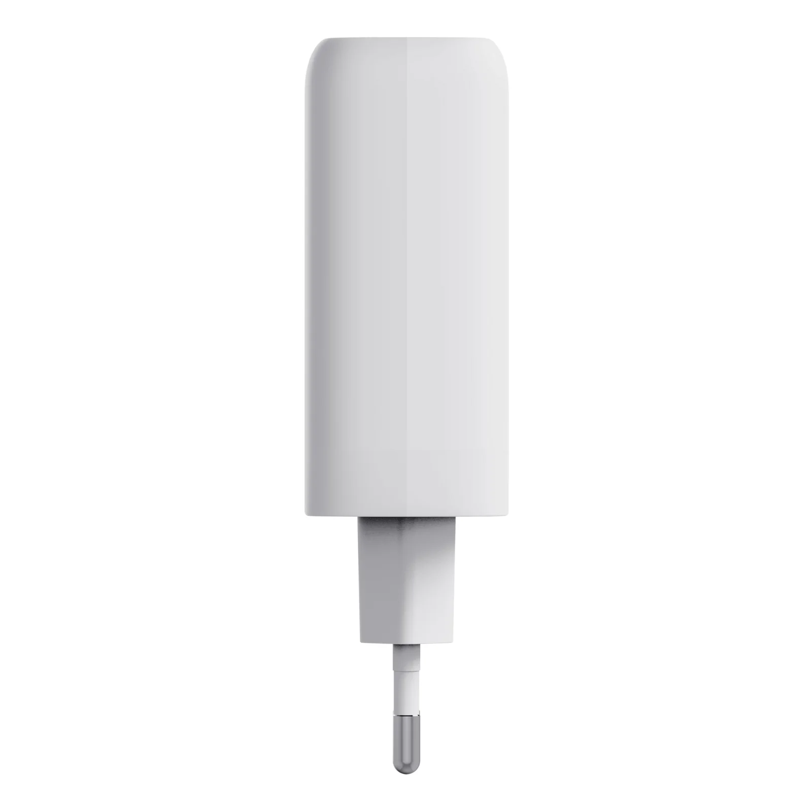 Vue de profil, chargeur blanc Trust Maxo, forme compacte, fiche EU deux broches rondes