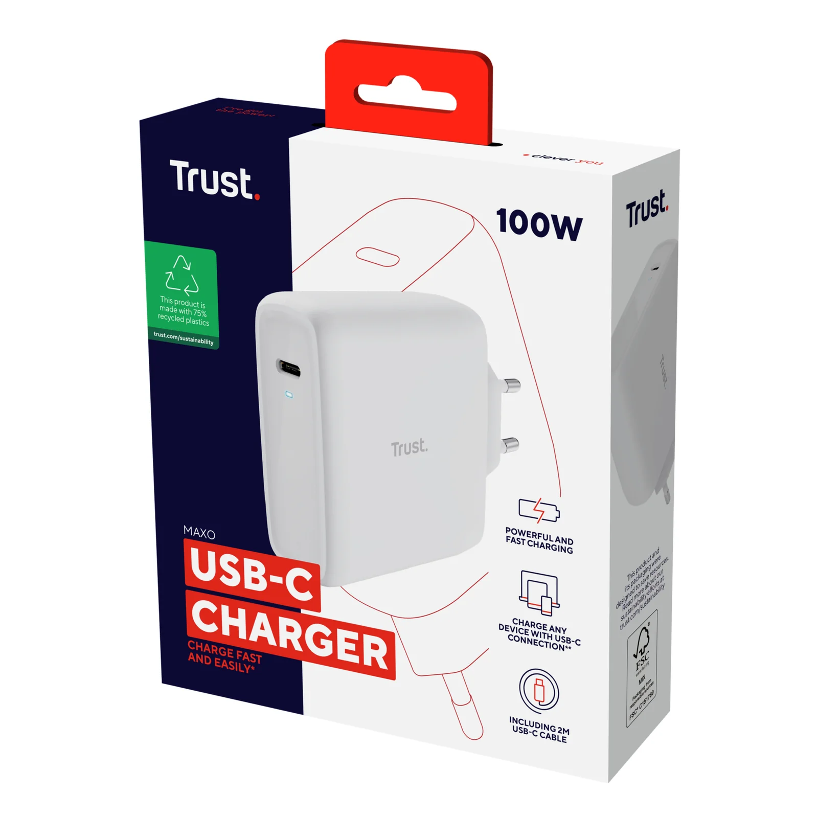 Boîte packaging Trust Maxo USB-C Charger 100W, face avant, pictogrammes certifications écologiques