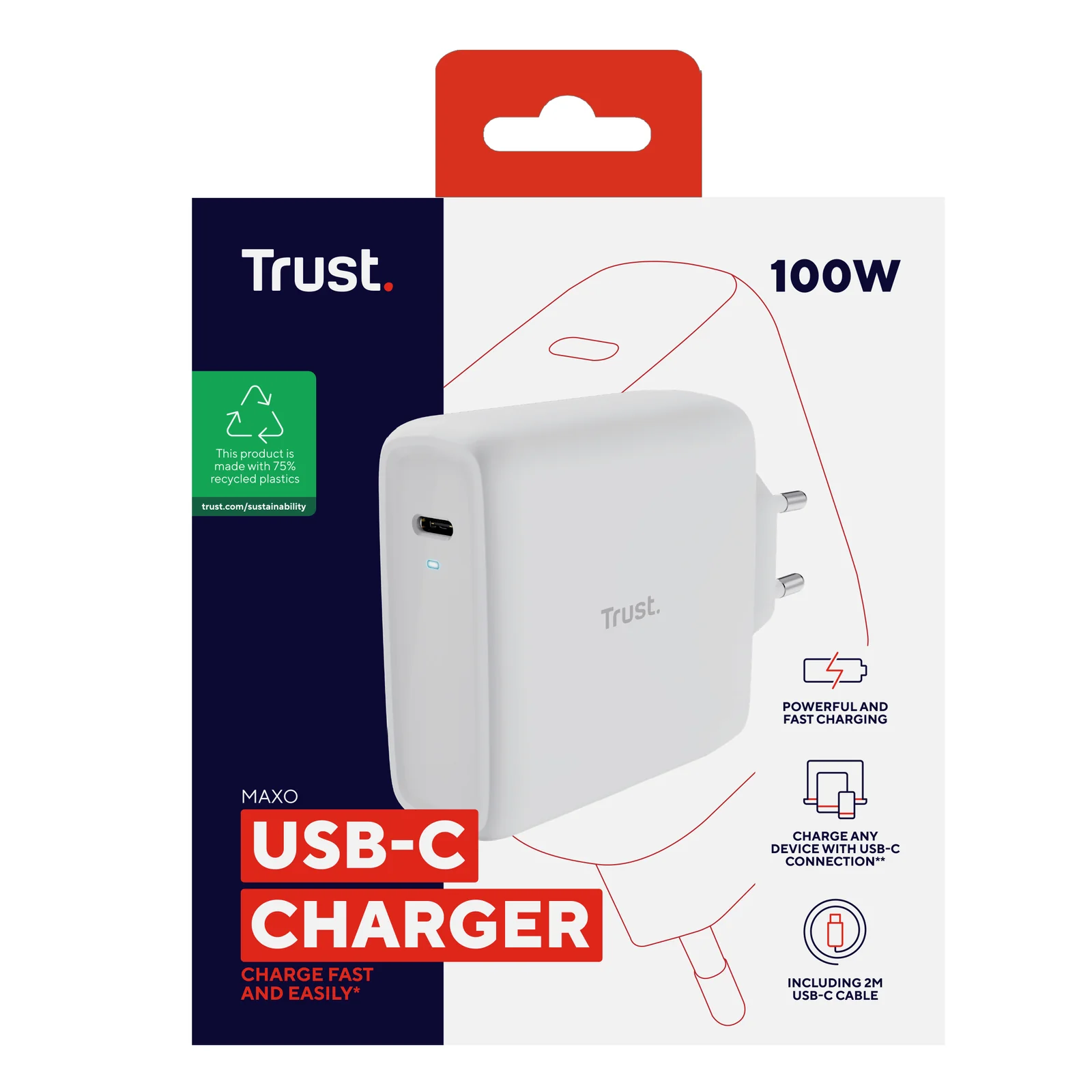 Packaging boîte Trust Maxo USB-C Charger 100W, face avant, fond blanc