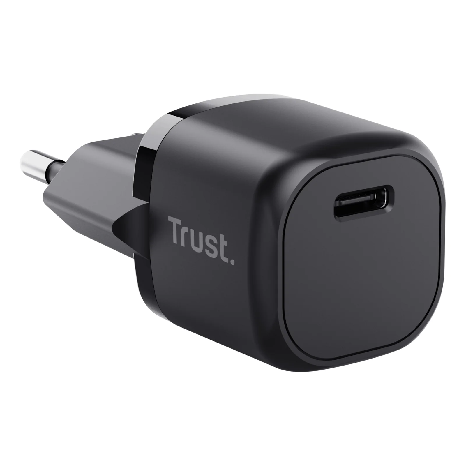 Chargeur compact Trust Maxo noir, vue de face, port USB-C sur le dessus, logo Trust blanc