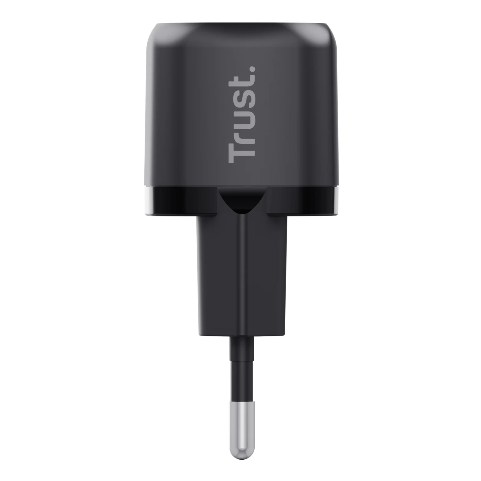 Chargeur Trust Maxo noir, vue de profil, broches EU en bas, logo Trust sur le côté