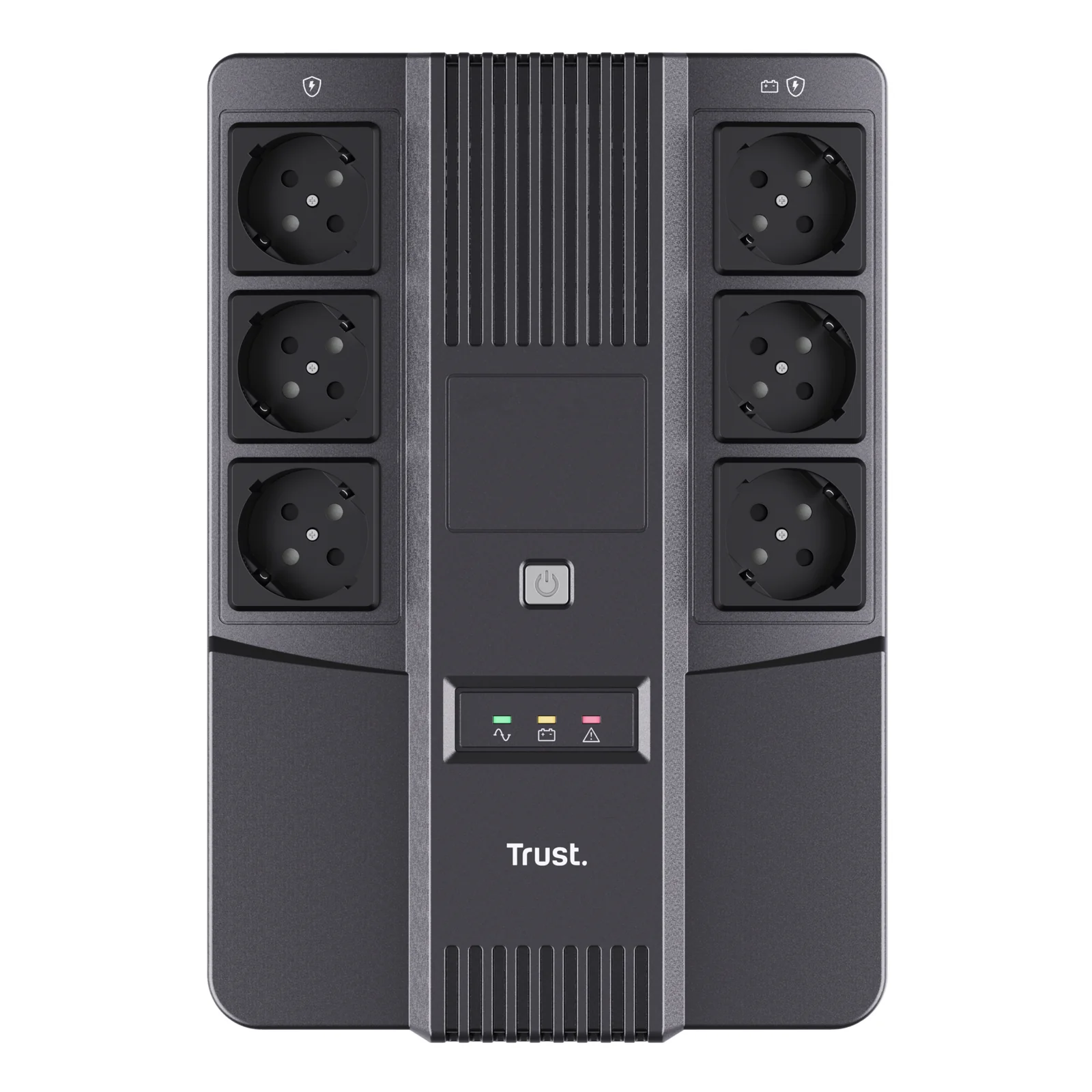 Trust Maxxon 800 VA, face avant avec 6 prises Schuko sur dessus, voyants et logo Trust