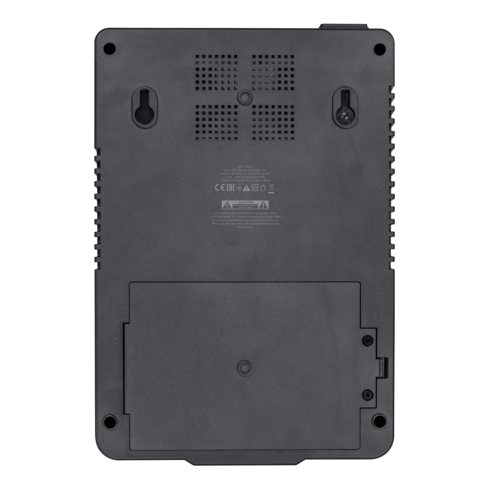 Trust Maxxon 800 VA, vue arrière avec connecteurs d'entrée et grilles d'aération