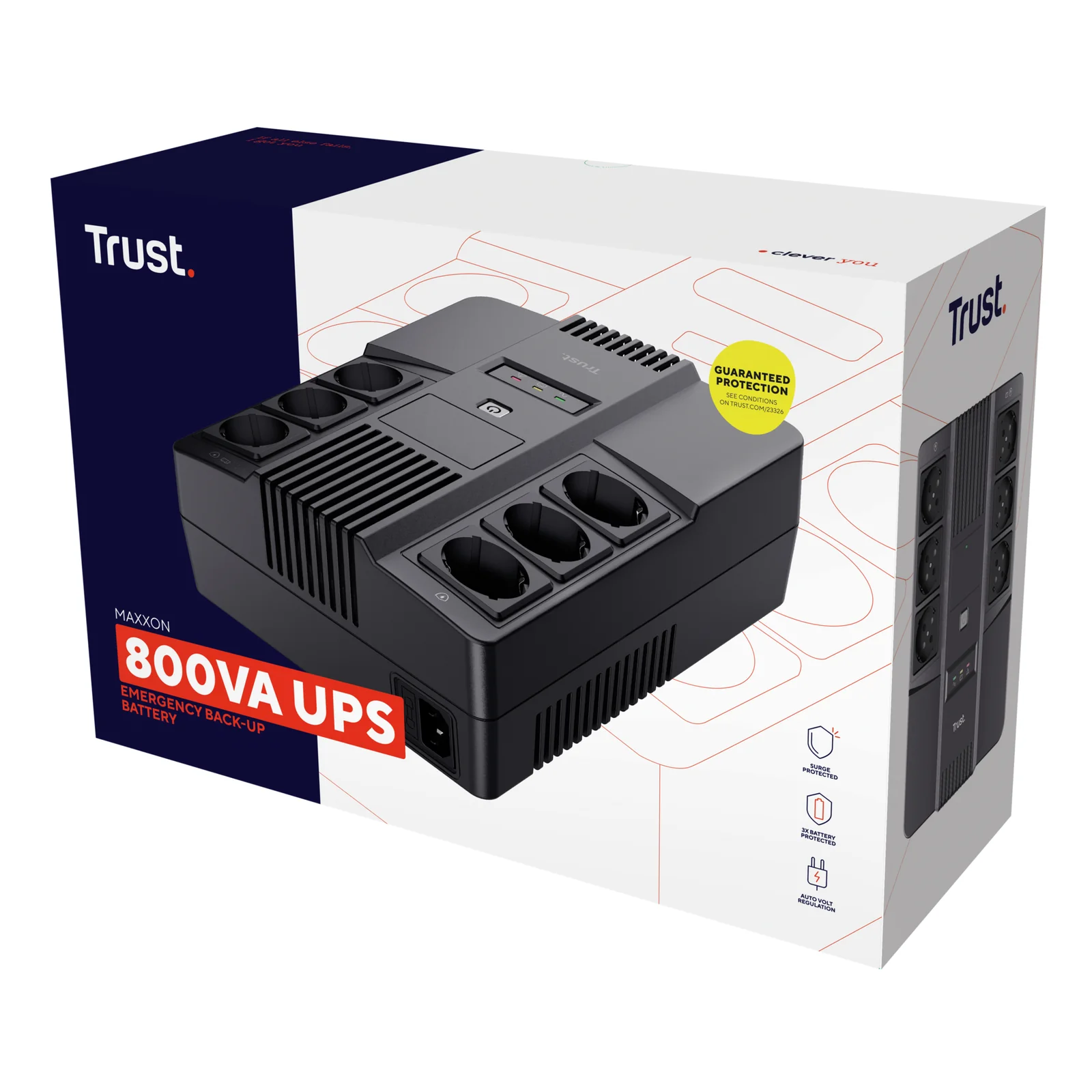 Boîte d'emballage Trust Maxxon 800 VA, fond noir et jaune, texte 800VA UPS visible