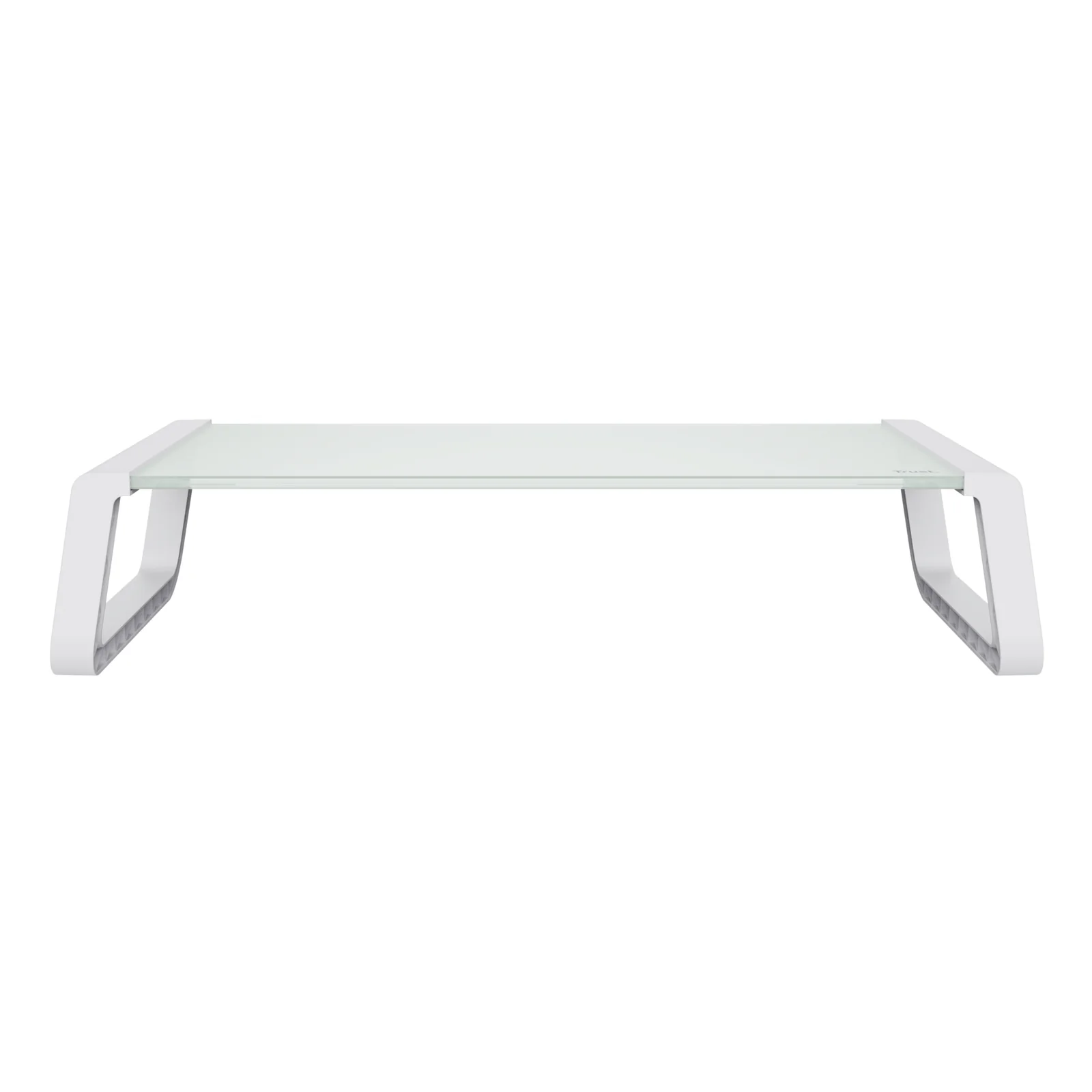 Support Trust Monta 25351, vue de face, profil bas, plateau verre transparent, structure blanche