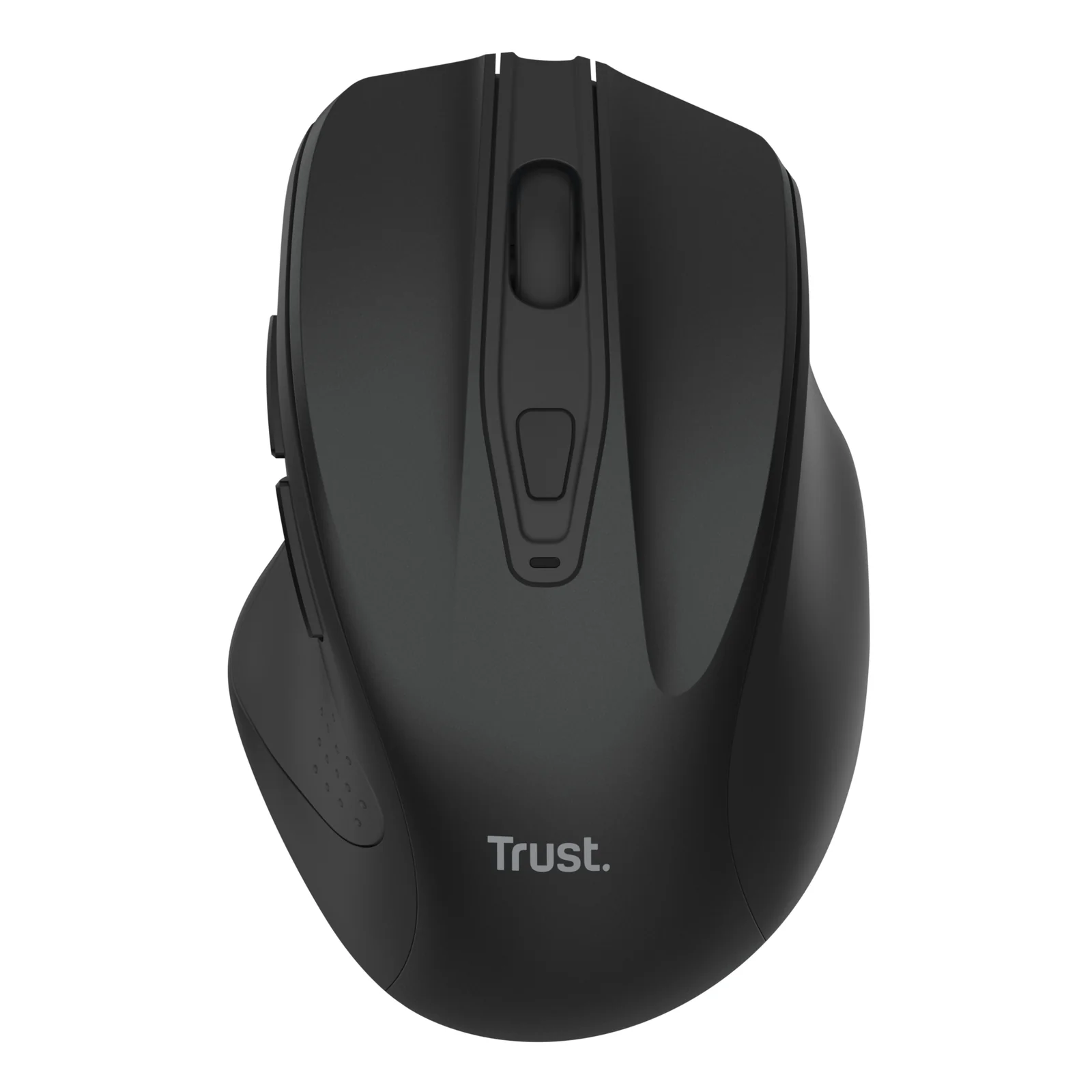Souris sans fil Trust Nito noire, vue frontale, logo Trust blanc sur le flanc