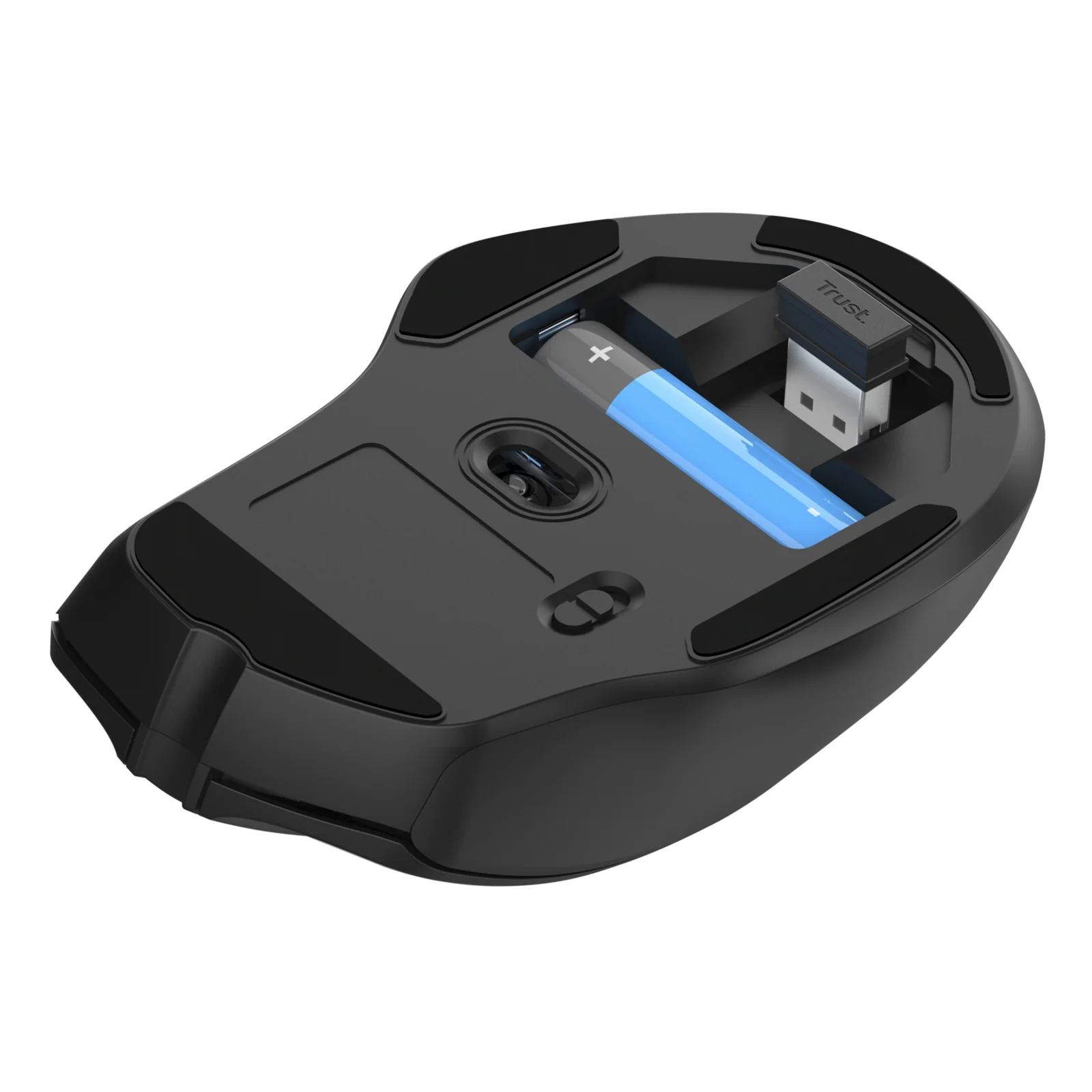Dessous de la souris Trust Nito, récepteur USB nano bleu inséré, compartiment pile visible