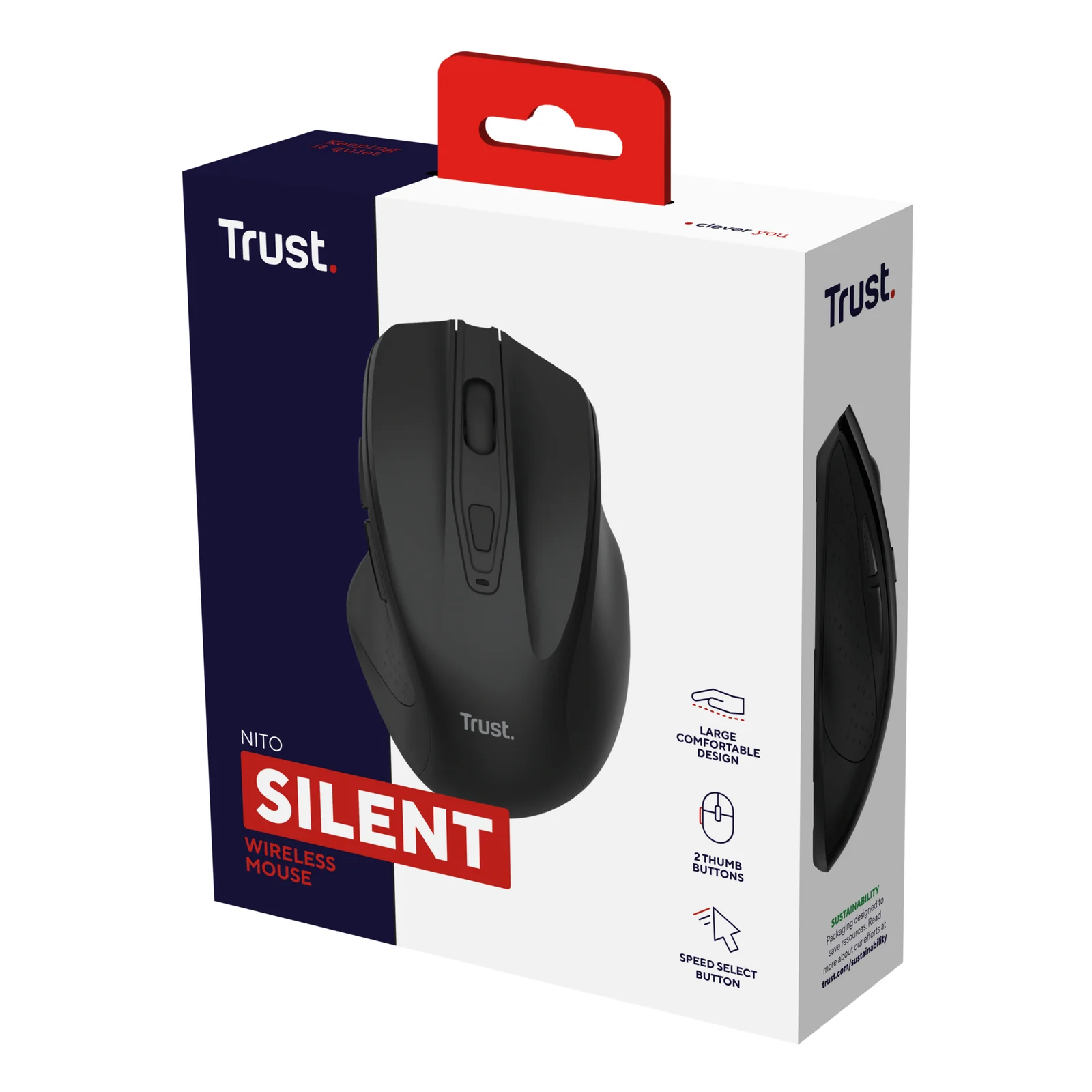 Boîte produit Trust Nito Silent, emballage noir avec pictogrammes, fond foncé