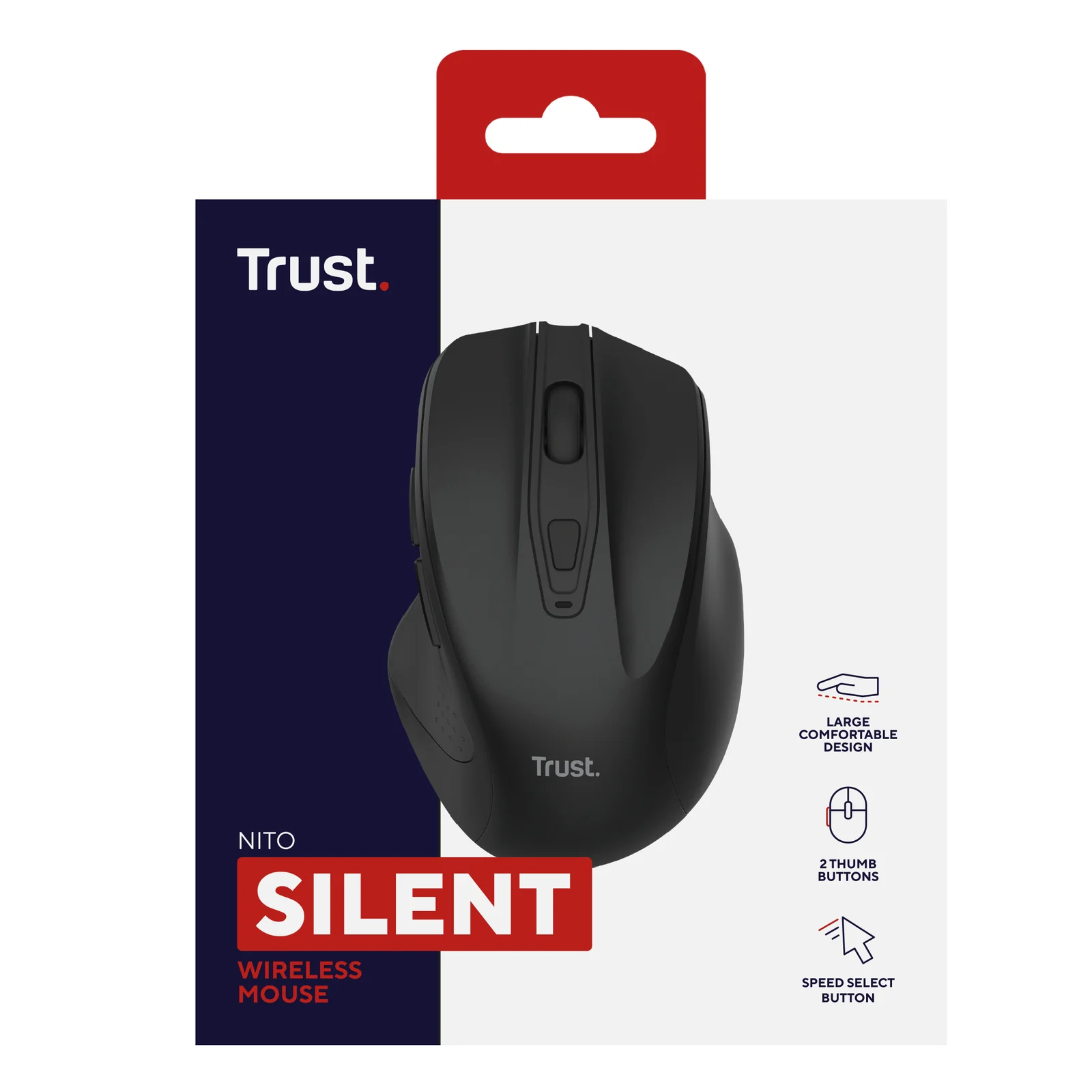 Emballage Trust Nito Silent wireless mouse, face avant, fond blanc, logo Trust