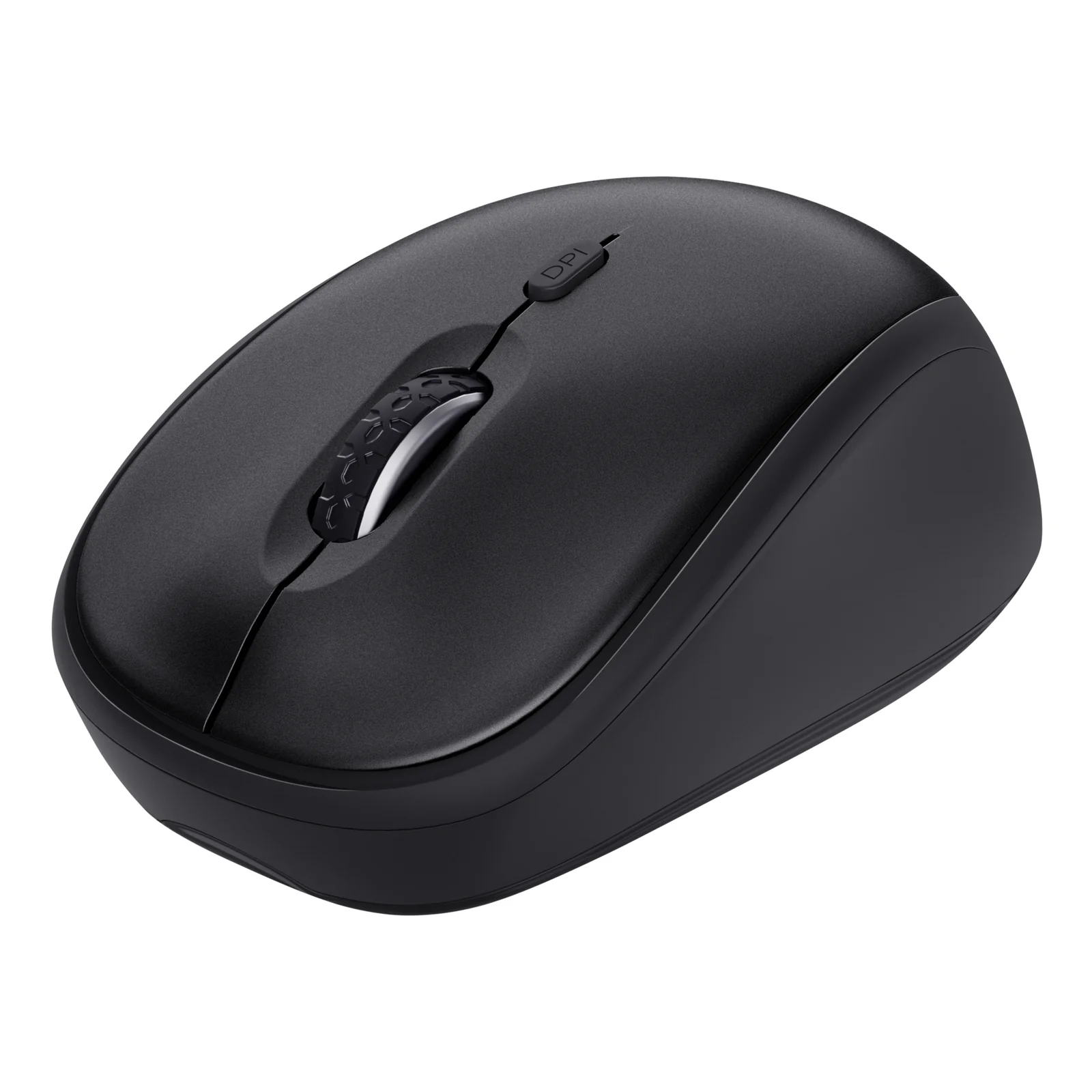 Souris sans fil Trust Ody II noire, vue de trois quarts sur fond blanc