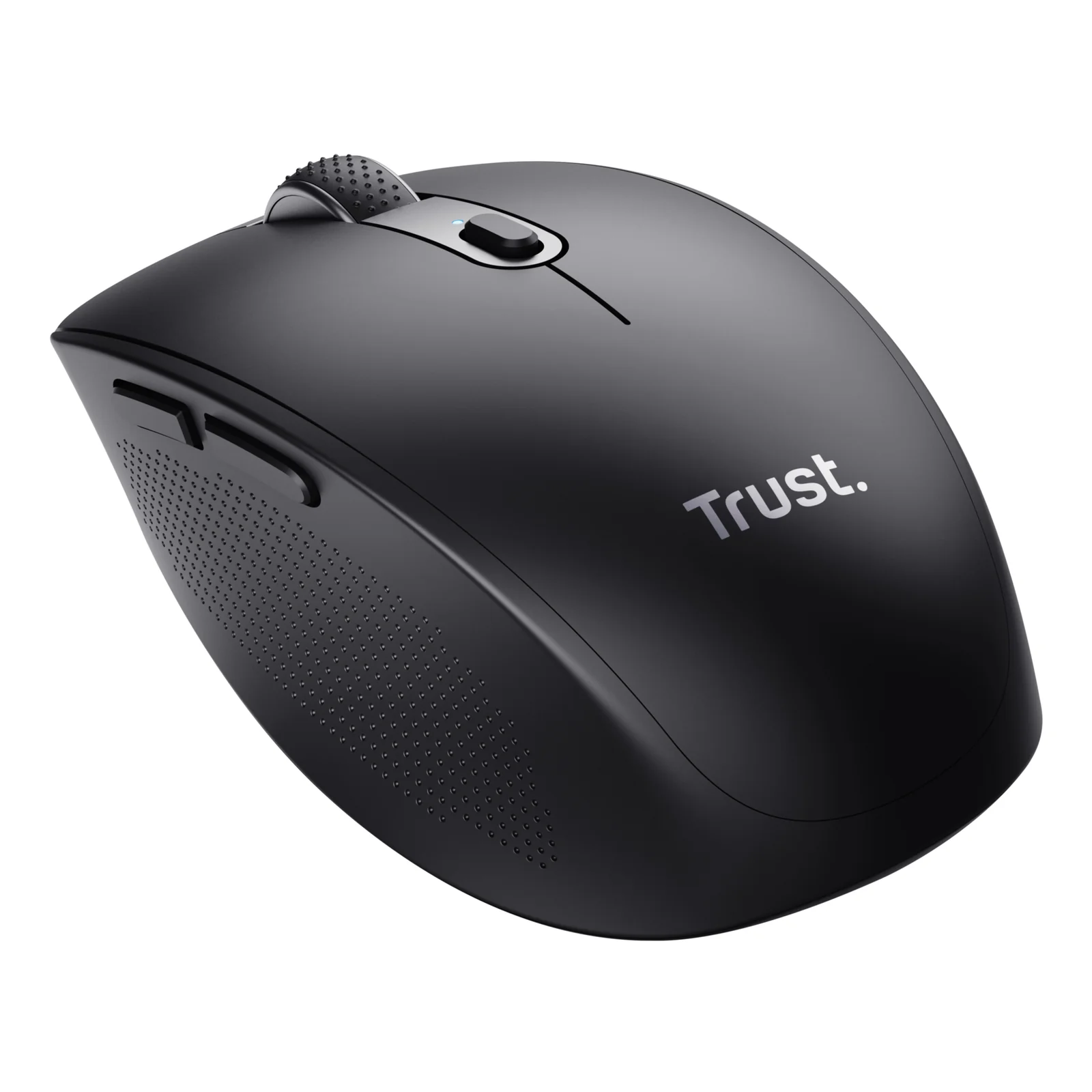 Souris noire avec logo Trust blanc sur le flanc, vue de trois quarts avant droit