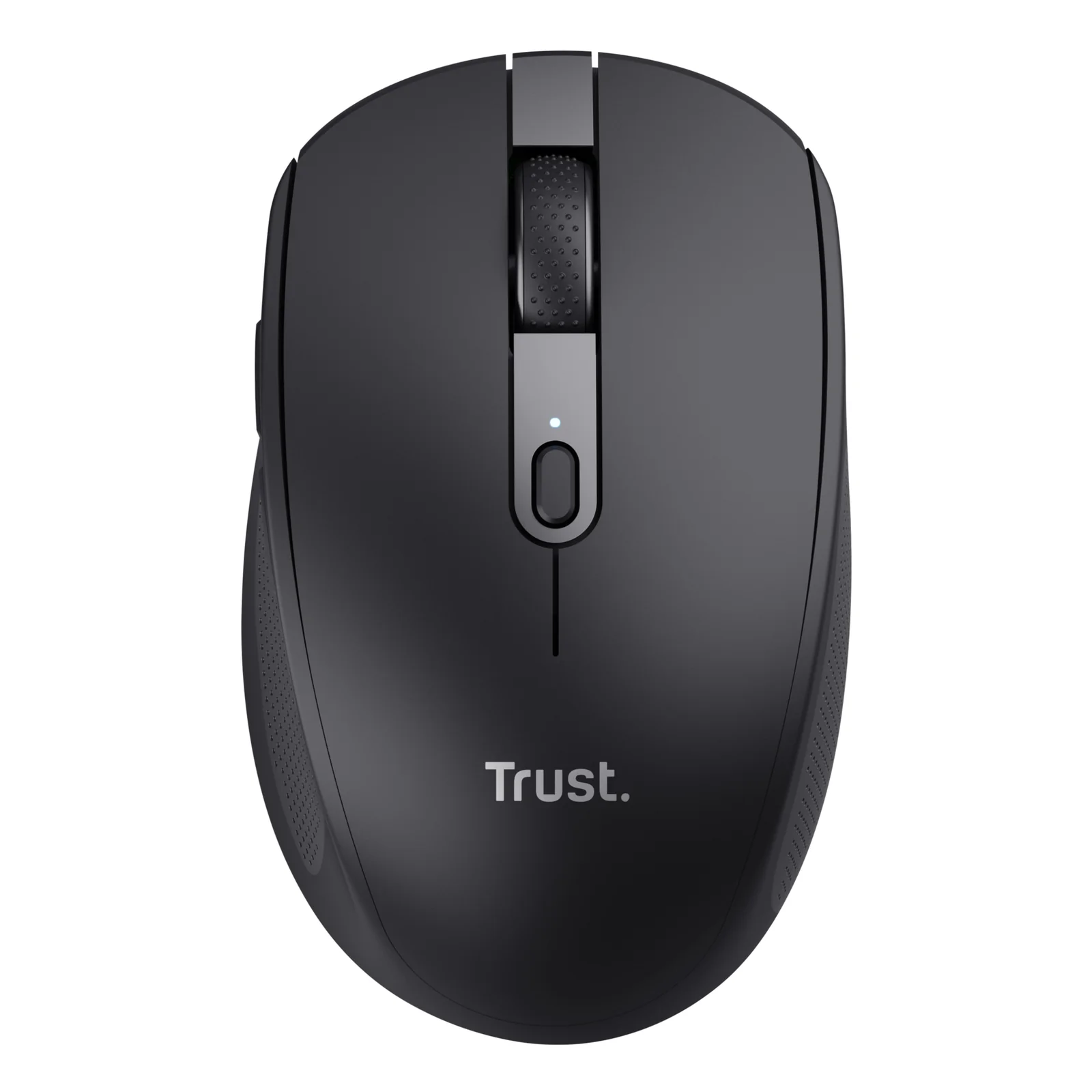 Vue de dessus et face, souris Trust Ozaa noire, logo Trust et molette argentée visibles