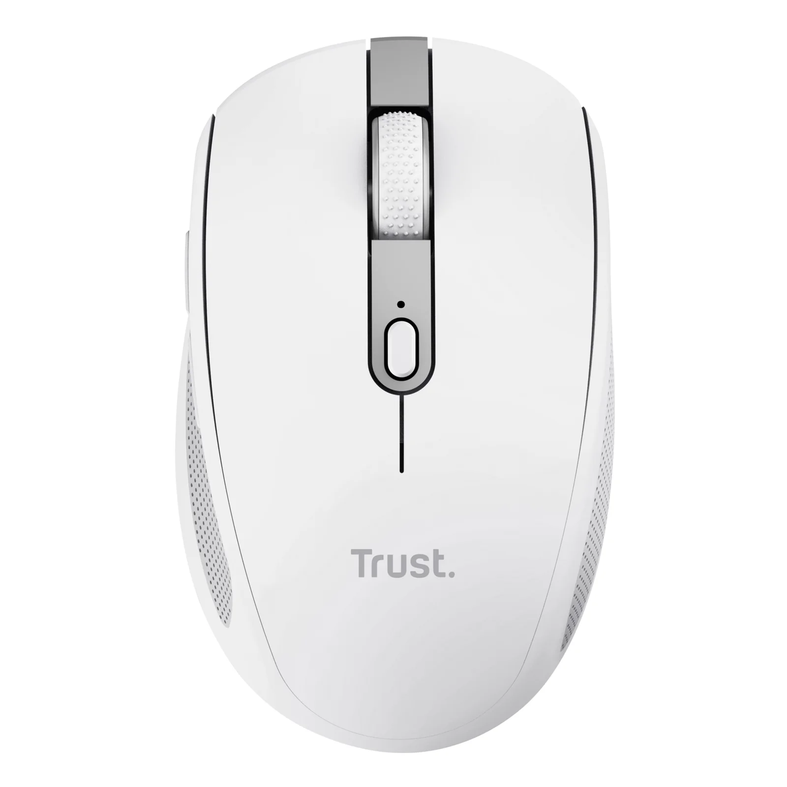 Trust Ozaa 24933, vue frontale directe, coque blanche, boutons principaux et roue grise, logo Trust centré