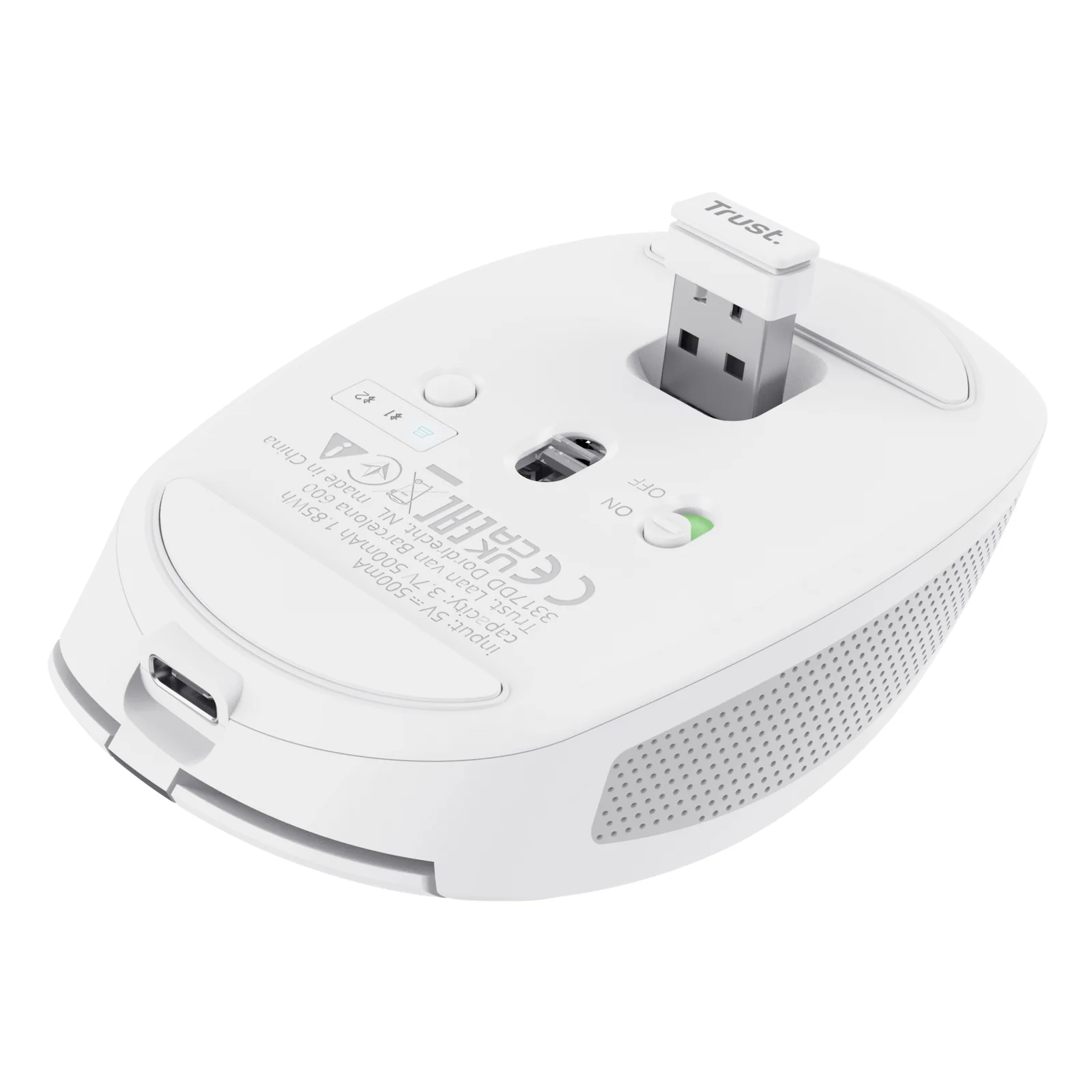 Trust Ozaa 24933, vue dessous, emplacement nano-récepteur USB, interrupteur on/off et port USB-C de recharge