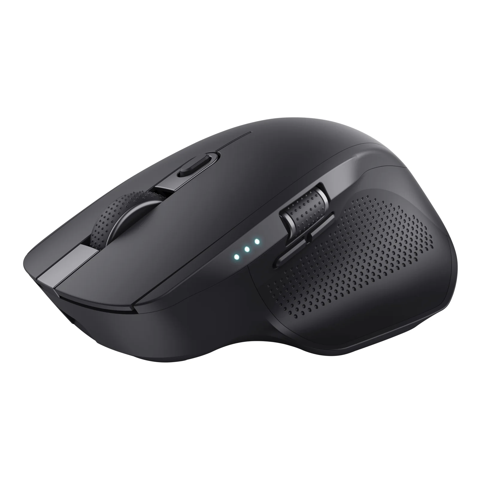 Souris Trust Ozaa+ noire, vue avant gauche, voyants LED bleus allumés sur le dessus, fond blanc