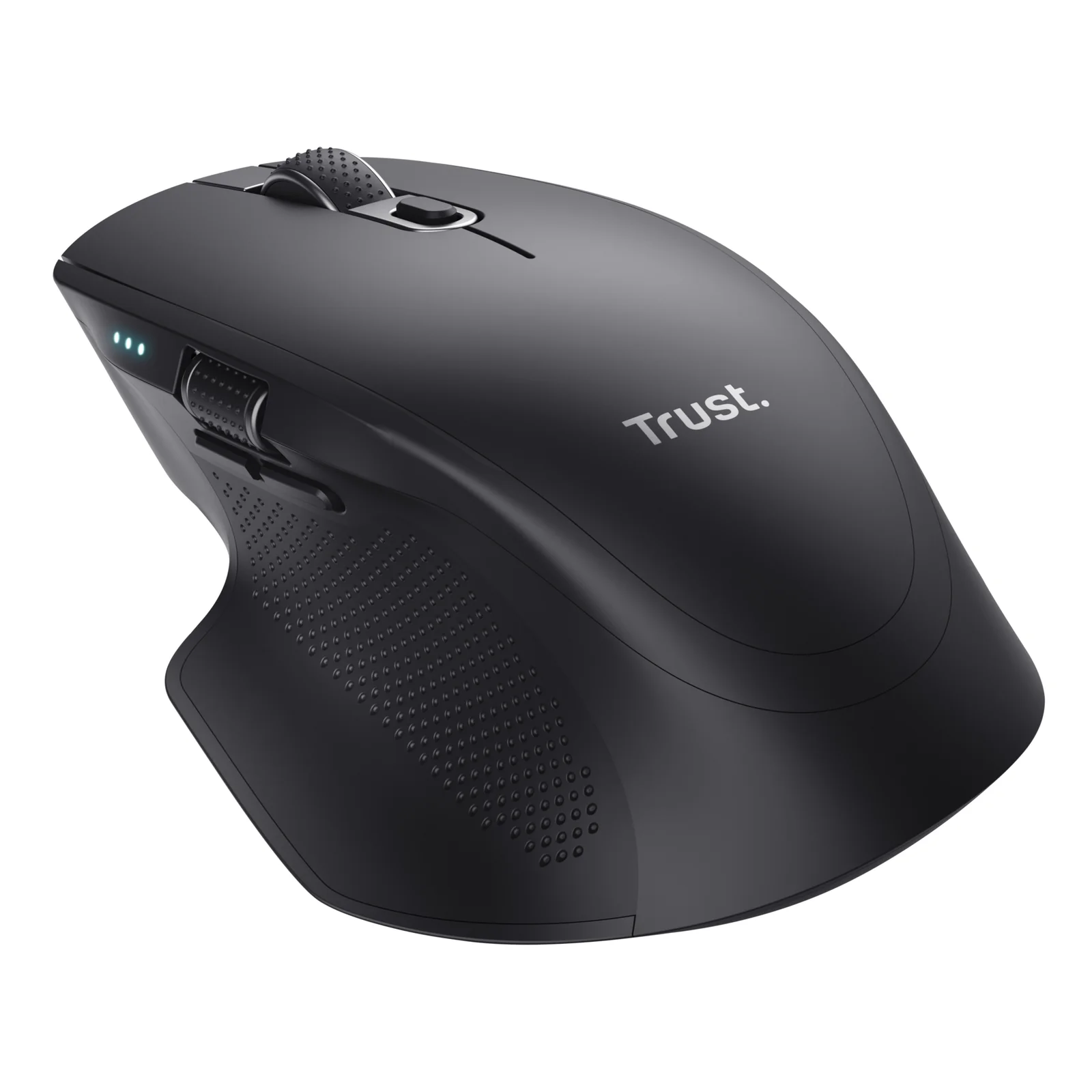 Souris Trust Ozaa+ noire, vue trois quarts avant droit, logo Trust et boutons latéraux visibles