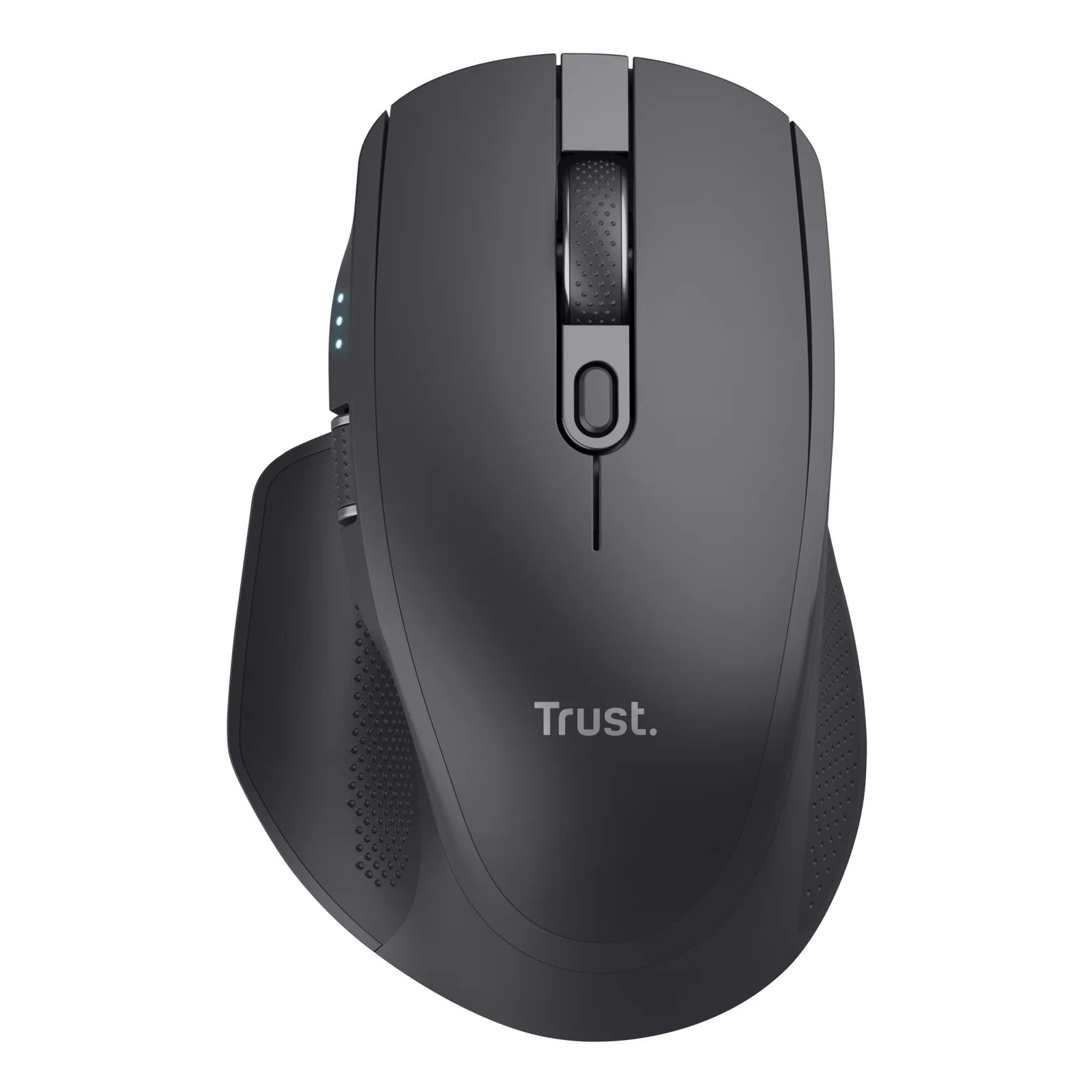 Souris Trust Ozaa+ noire, vue de face, logo Trust centré, galbe droitier, fond blanc