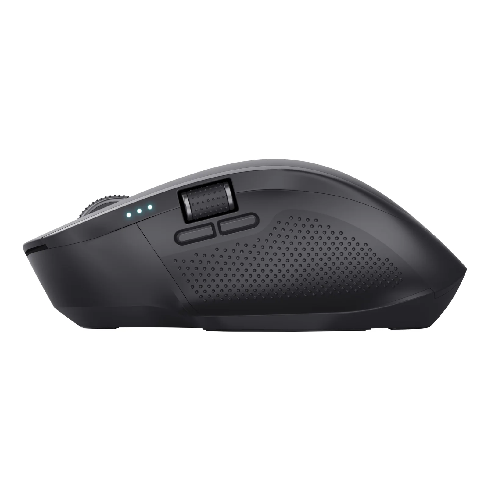 Souris Trust Ozaa+ vue de profil gauche, molette de défilement et boutons latéraux apparents