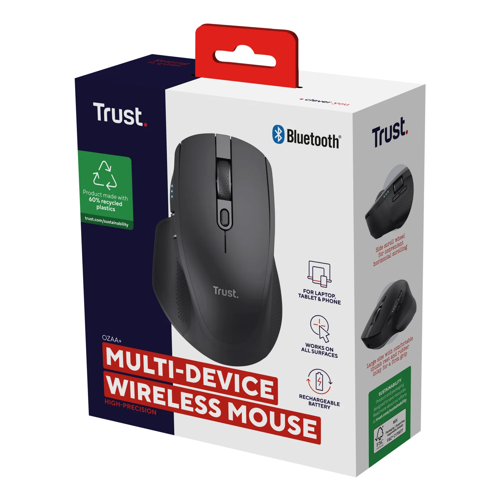 Boîte Trust Ozaa+ fond noir, logo Bluetooth, texte Multi-Device Wireless Mouse et icônes éco