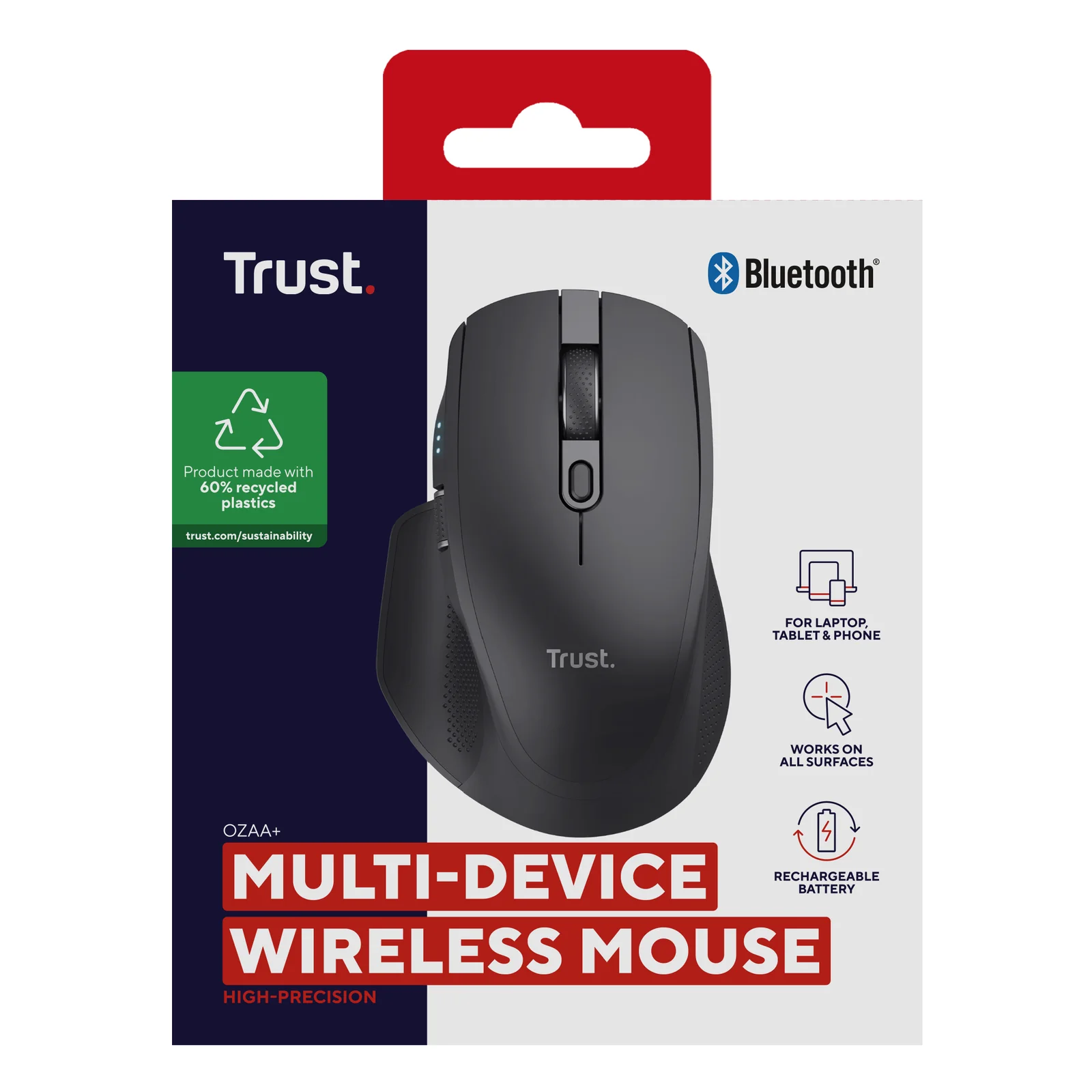 Face avant emballage Trust Ozaa+, logo Trust blanc, mention Bluetooth et Multi-Device Wireless Mouse
