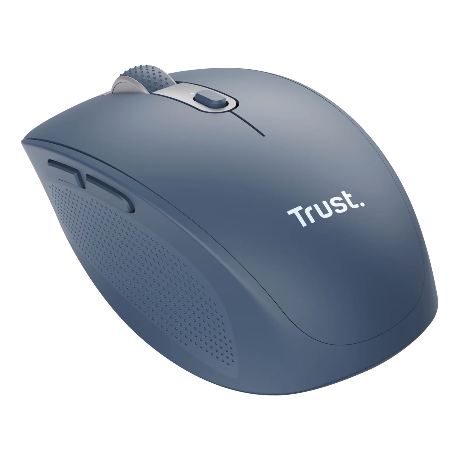 Vue face, souris bleue avec logo Trust en façade latérale, molette grise et bouton défilement visible