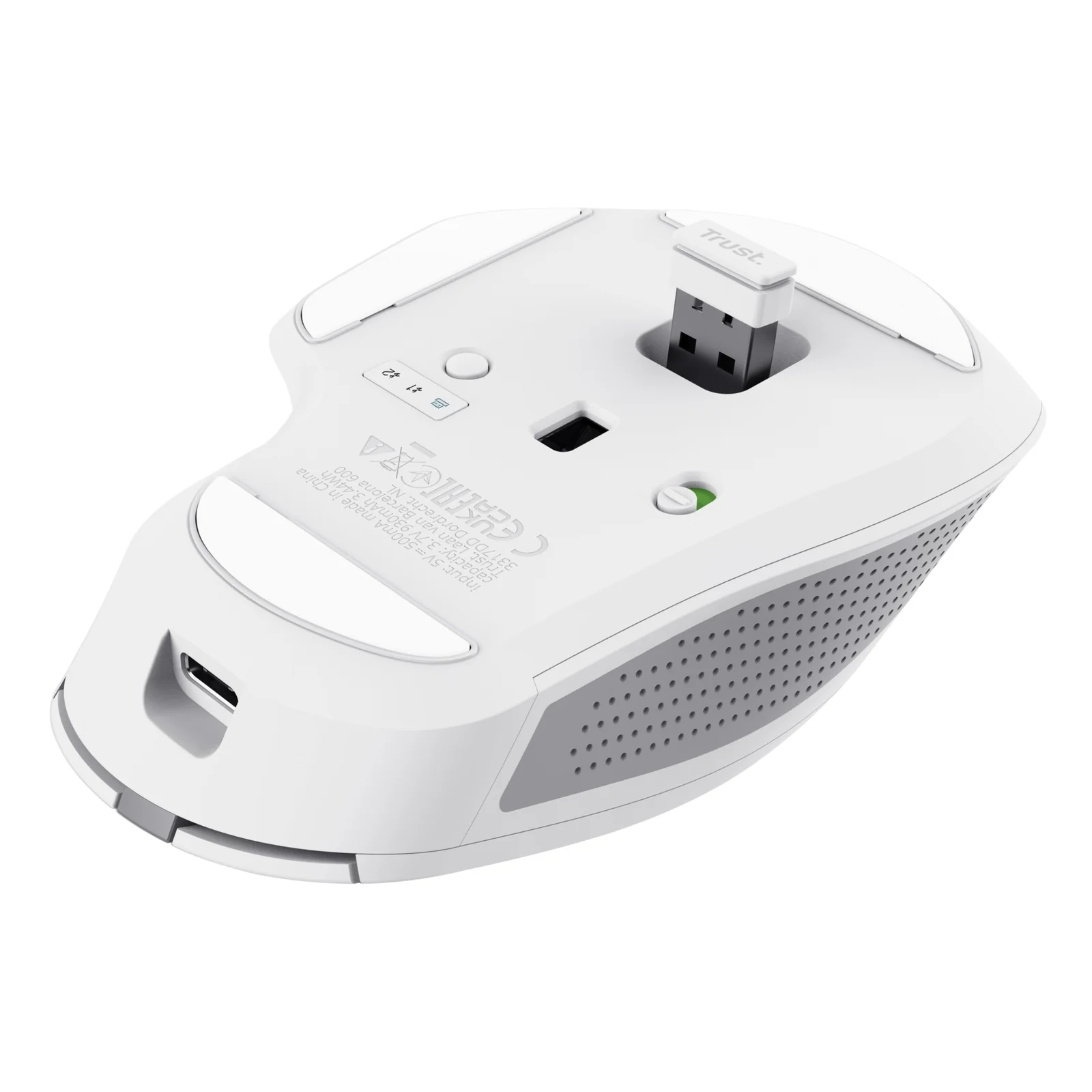 Trust Ozaa+ blanche, vue du dessous, capteur optique central, port USB-C et interrupteur marche-arrêt visibles