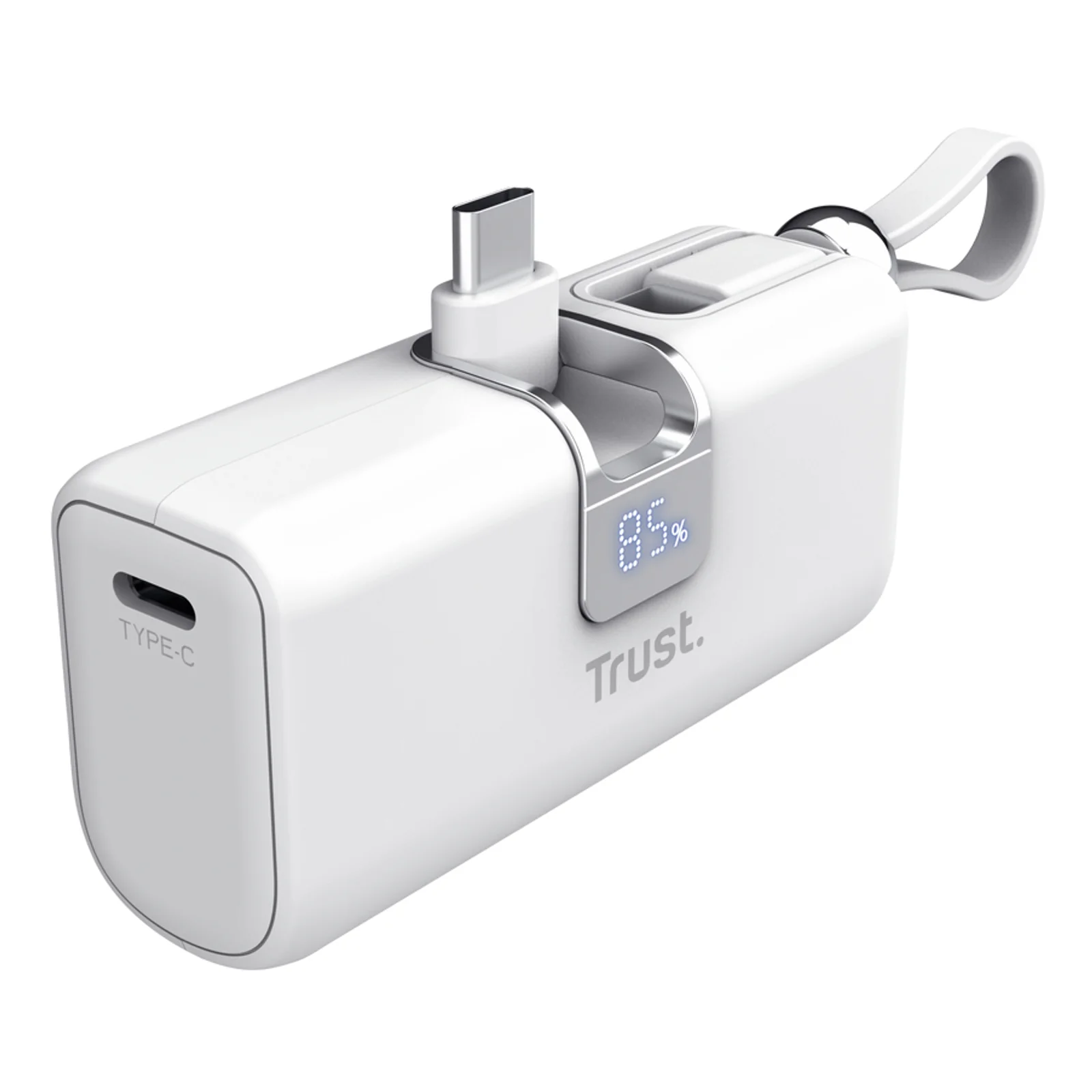 Face avant de la batterie Trust Pacto blanche, écran LED, port USB-C et connecteurs intégrés