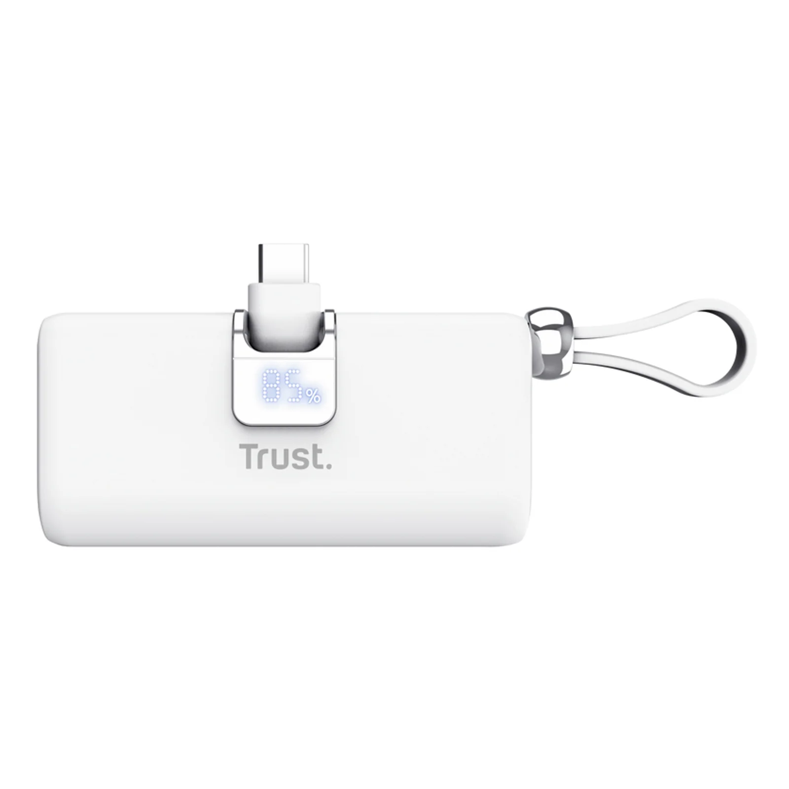 Dessous du Trust Pacto blanc avec logo Trust et voyant LED