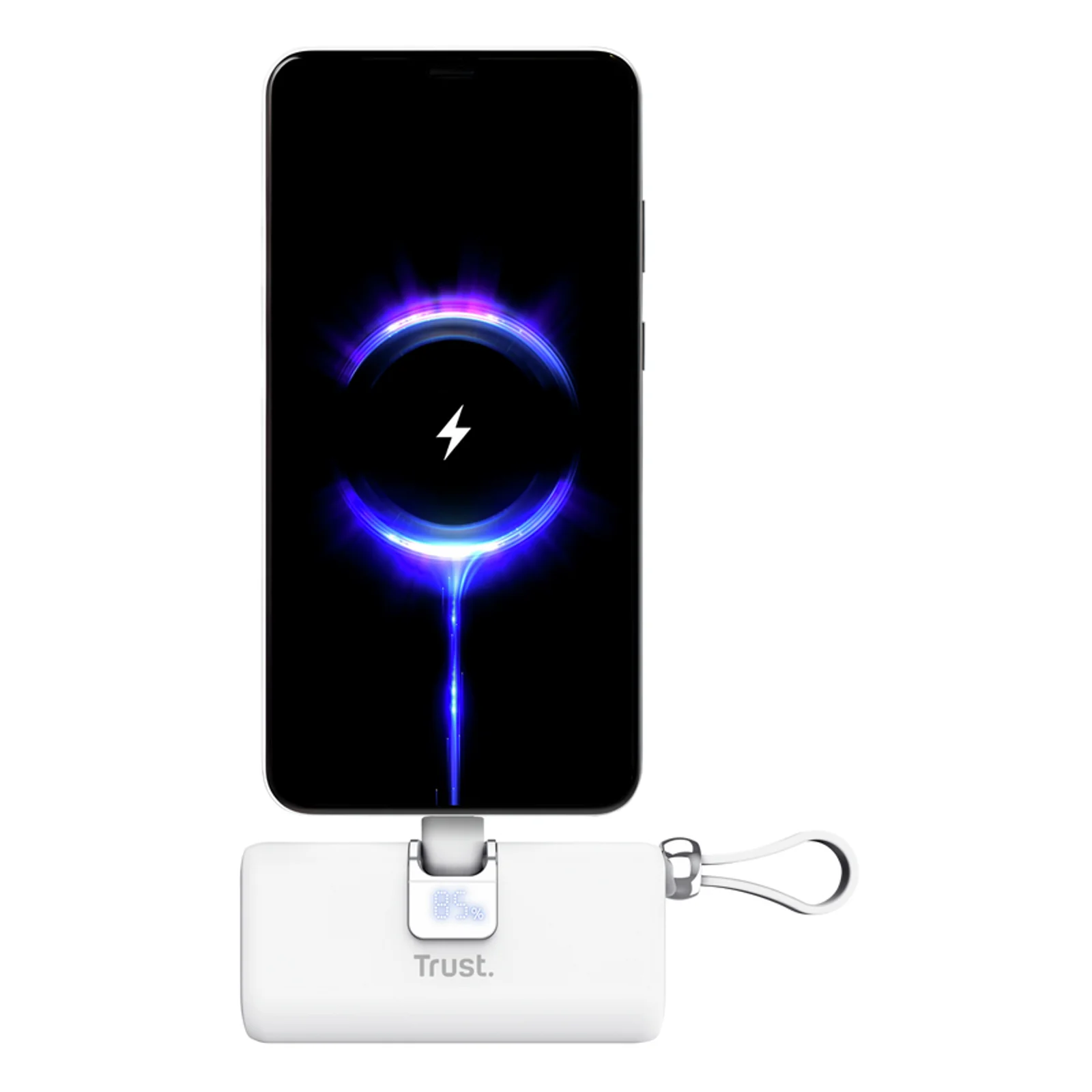 Trust Pacto en cours de charge d'un smartphone, câble intégré connecté