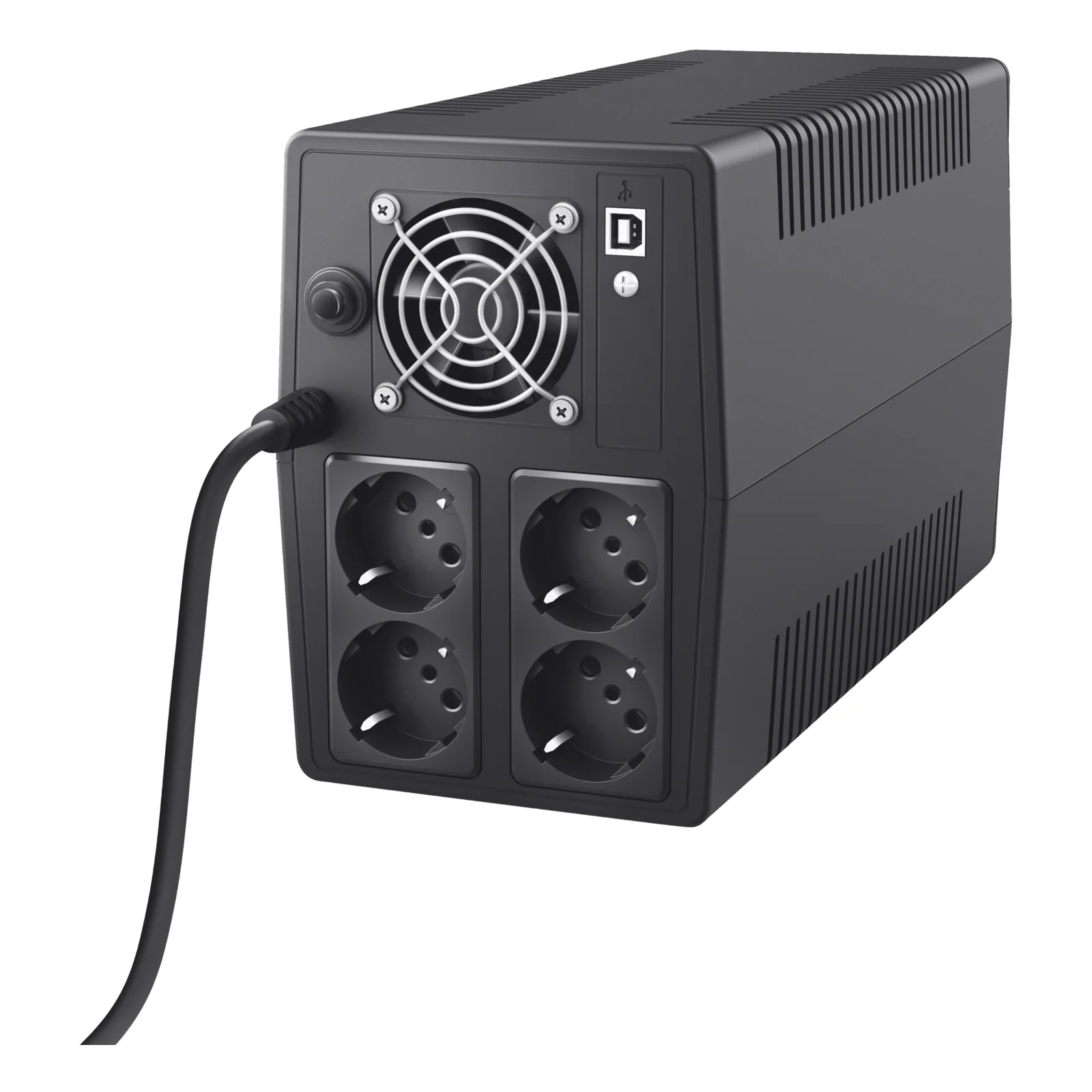Vue arrière onduleur Trust Paxxon, 4 prises secteur type L et grille de ventilation