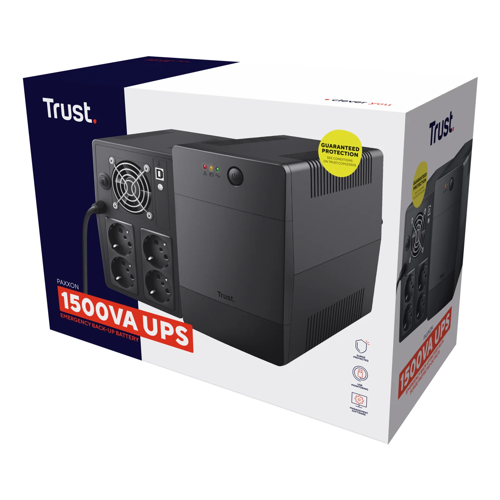 Boîte d'emballage Trust Paxxon 1500VA UPS, mention 1500VA en façade de packaging