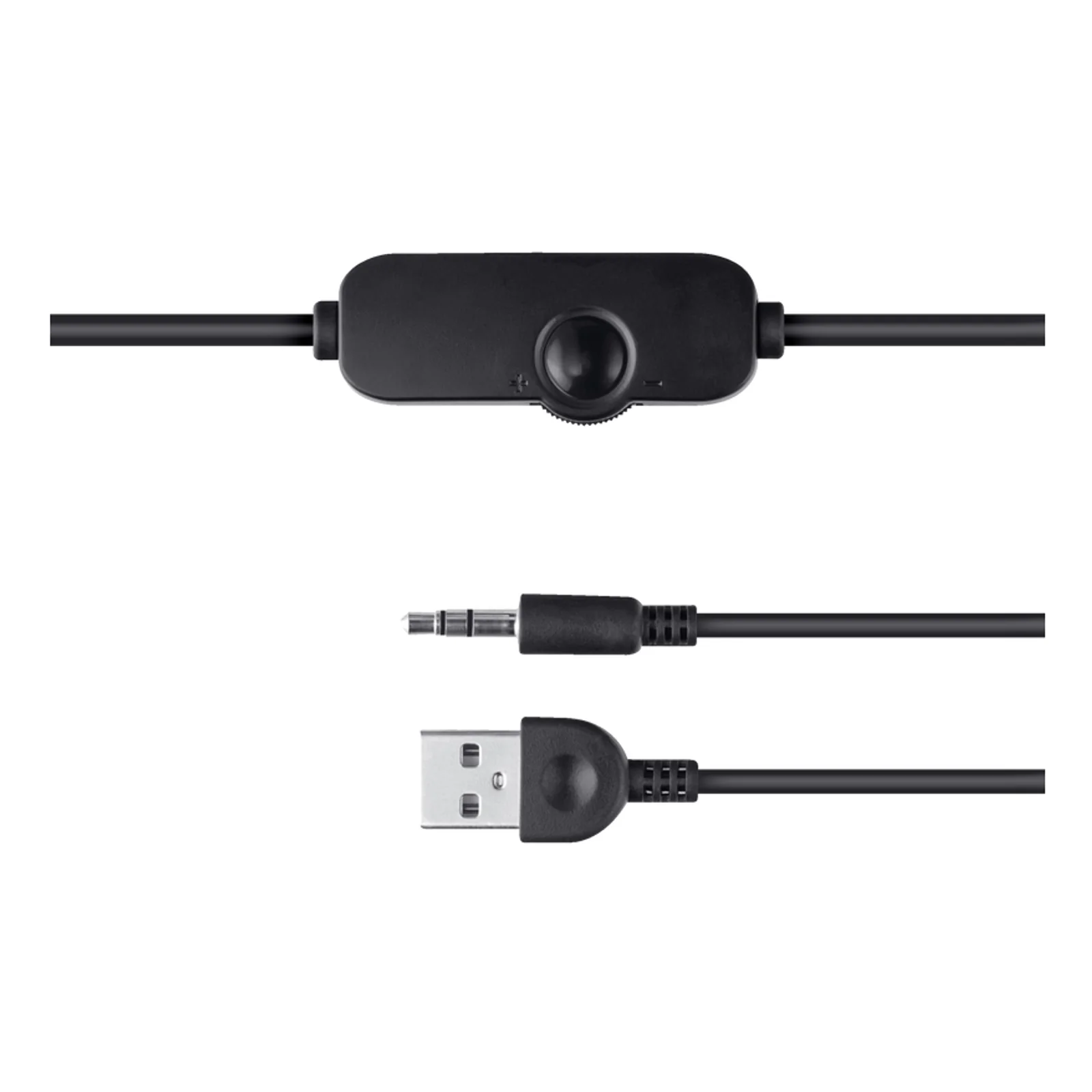 Câble noir du Trust Polo 25164, connecteur USB-A visible et commande de volume en ligne