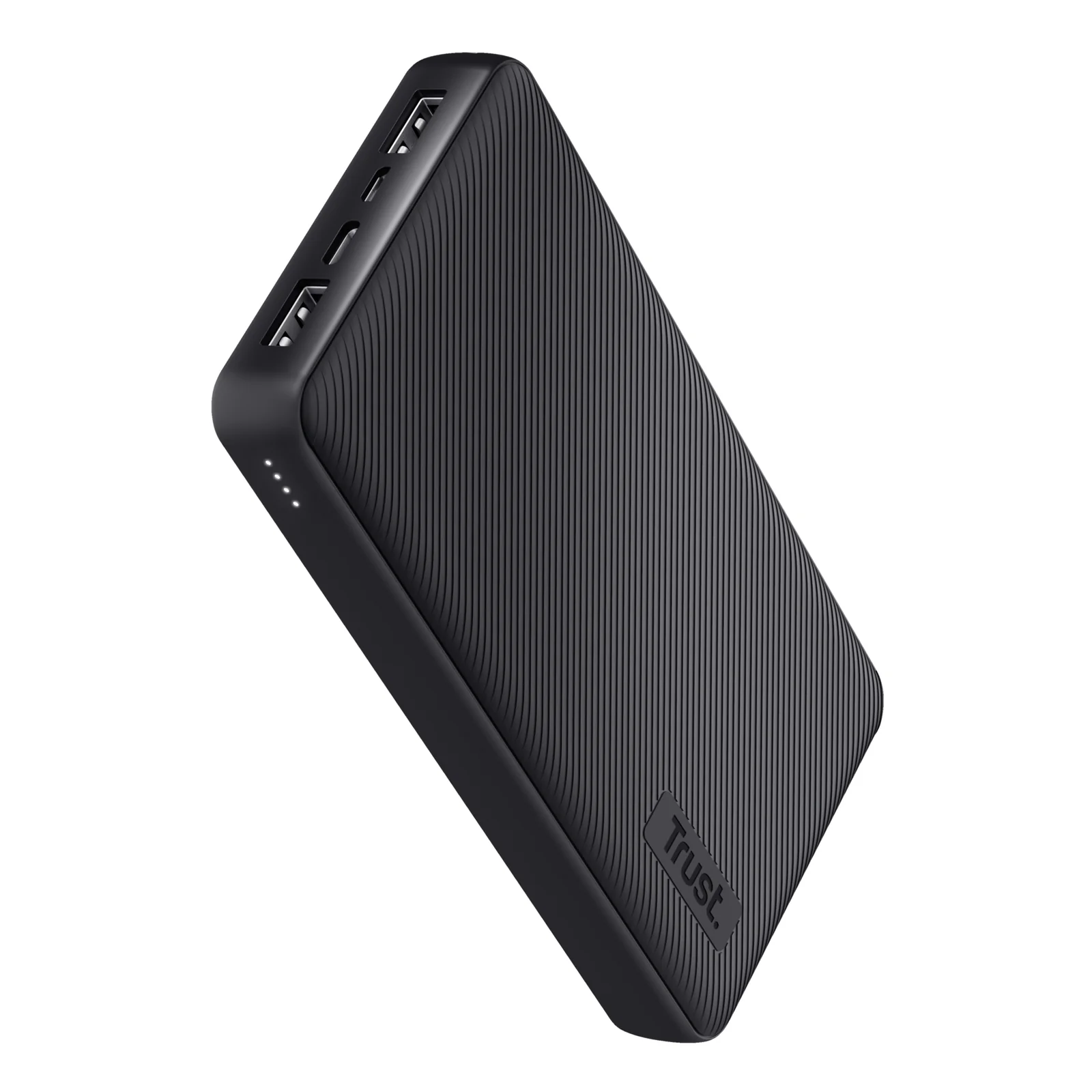 Vue de côté d'une batterie externe Trust Primo noire, finition texturée, format compact, logo Trust