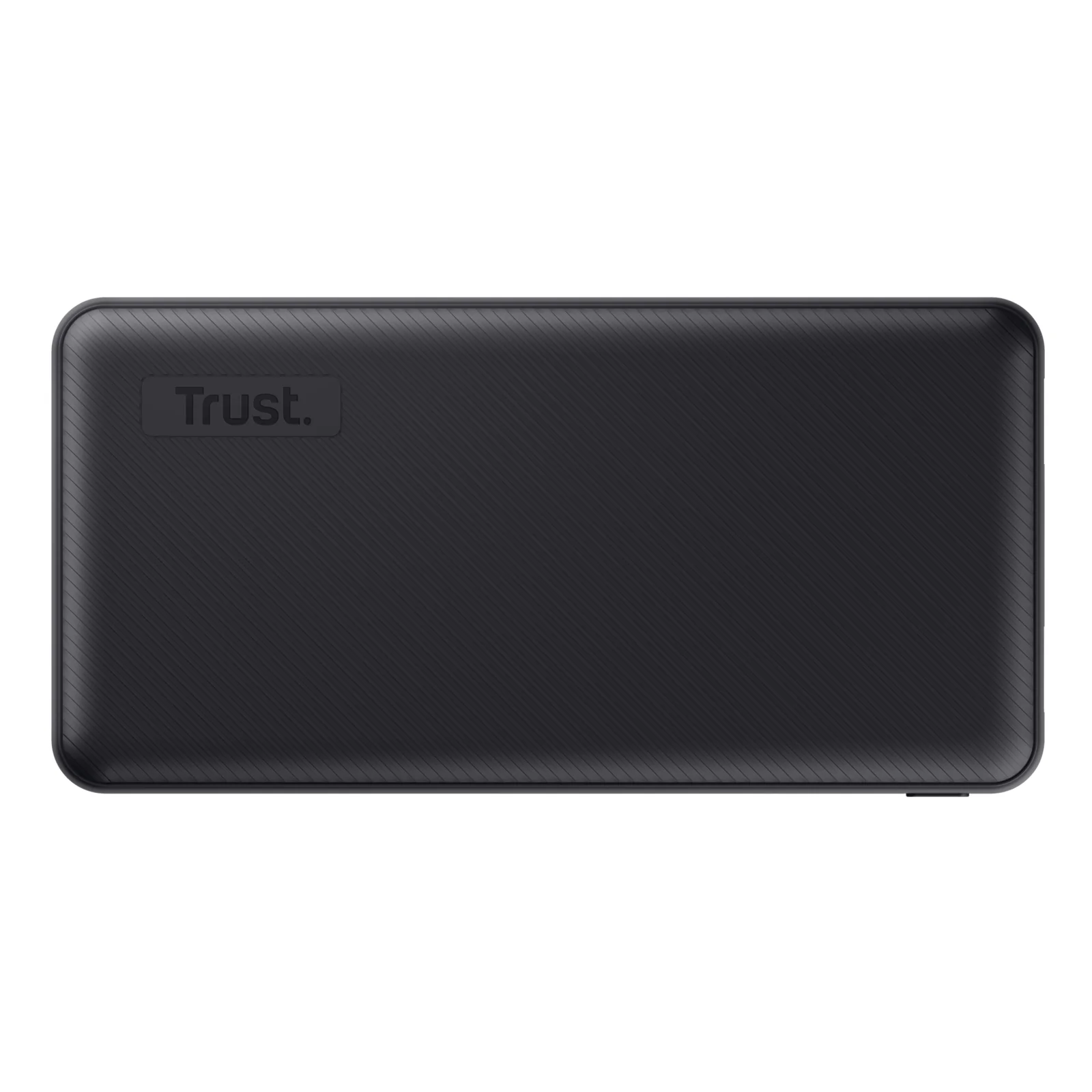 Face arrière de la batterie externe Trust Primo 20000 mAh noire, logo Trust centré sur surface lisse