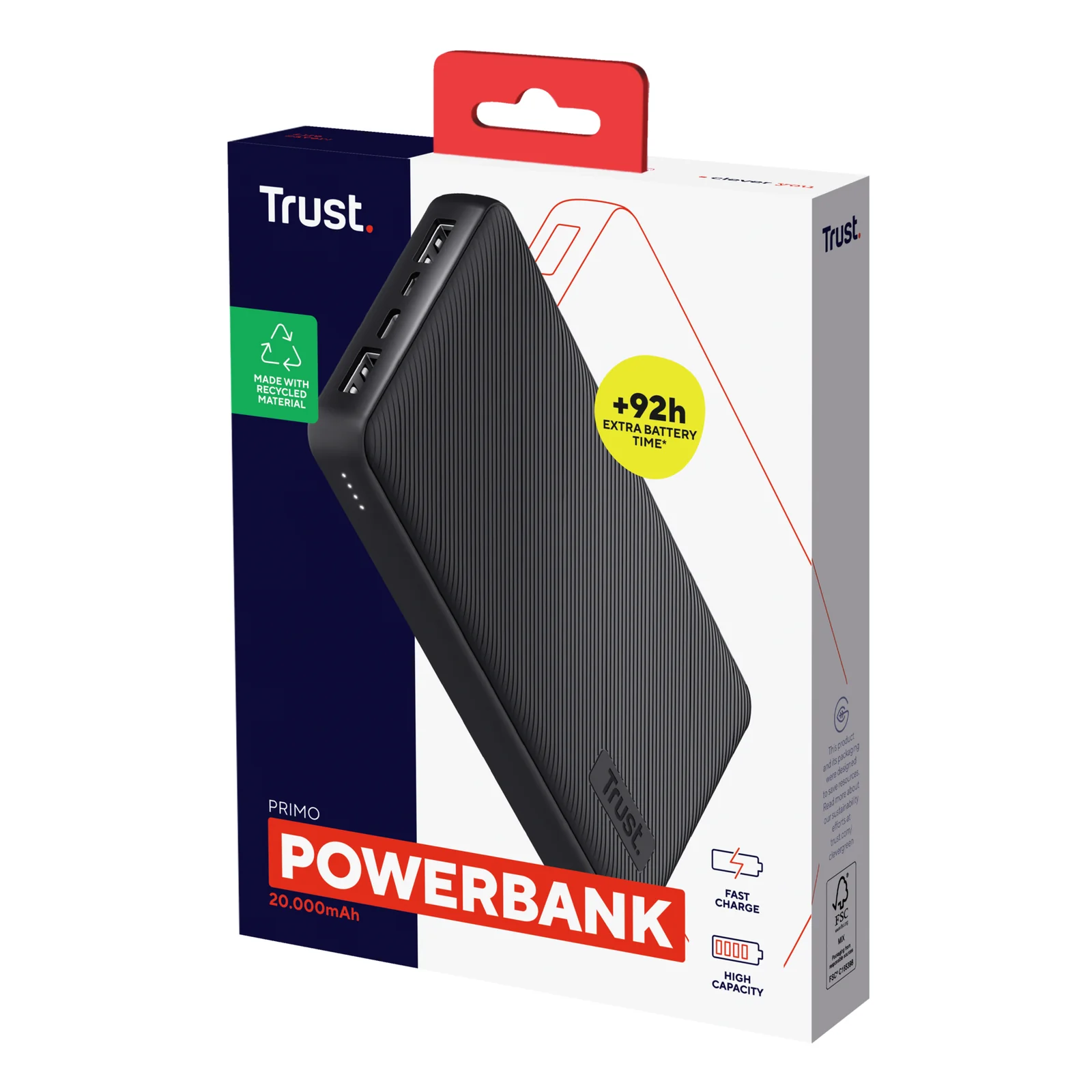 Boîte de la batterie externe Trust Primo 20000 mAh ECO noire, mention 92h et pictogramme recyclage