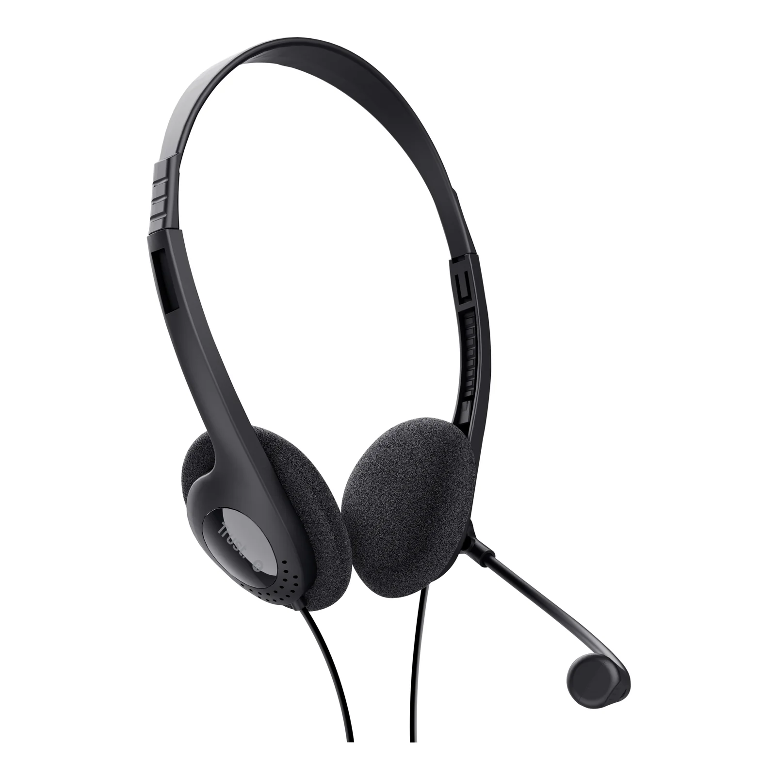 Vue trois quarts avant, casque Trust noir avec micro boom orientable et câble