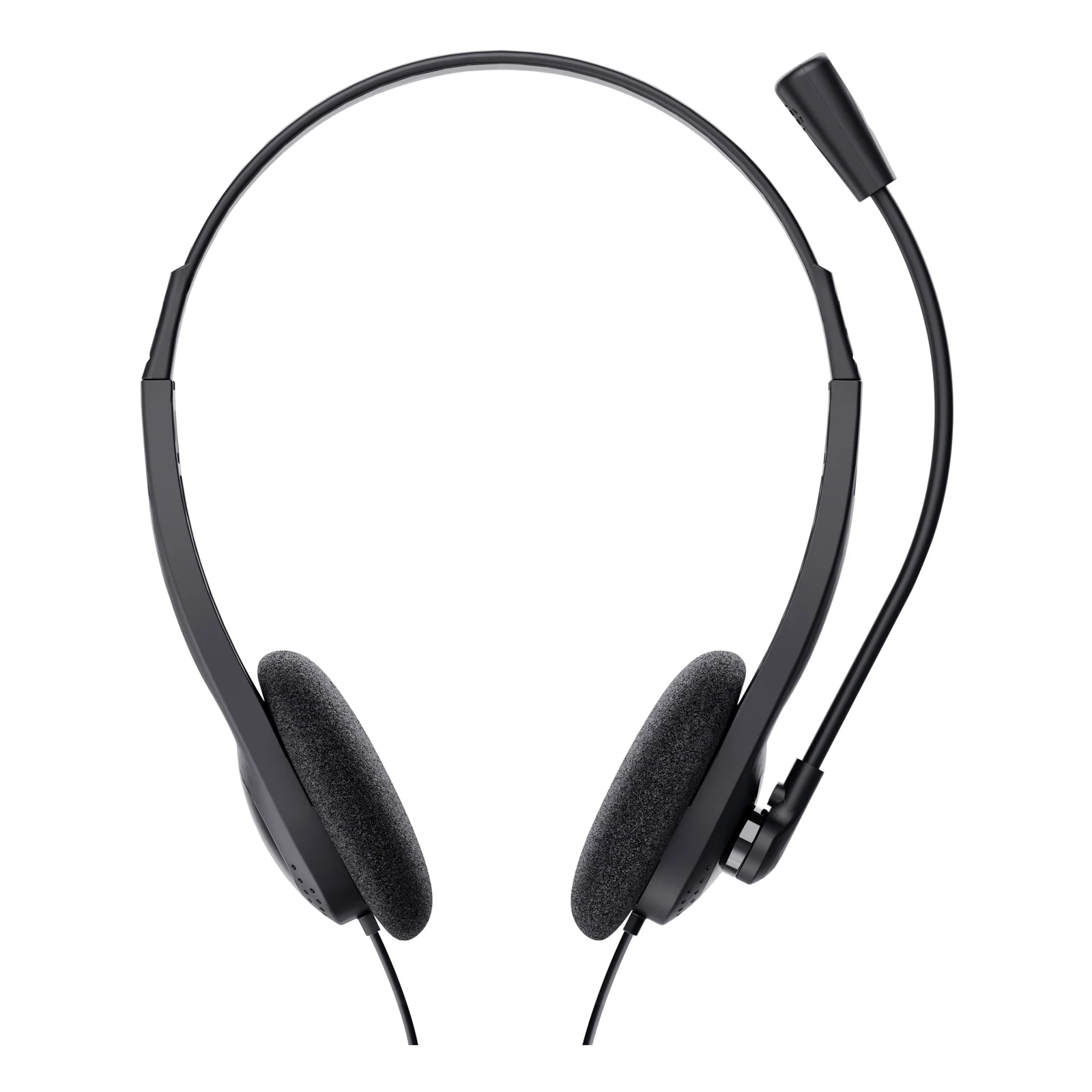 Vue frontale rapprochée, casque noir arceau réglable et coussinets supra-auraux