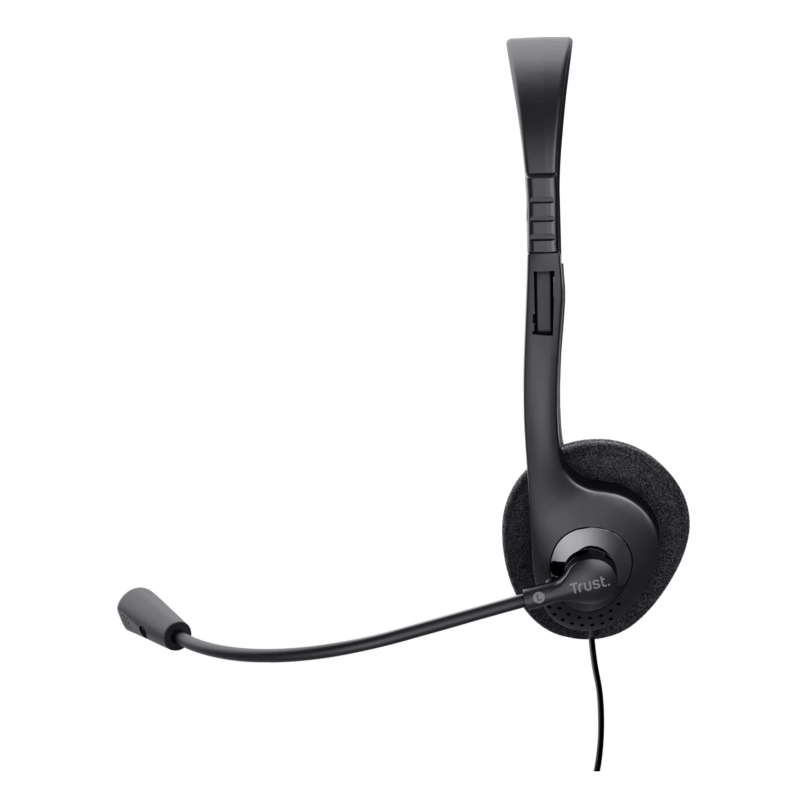 Vue latérale, casque noir avec micro boom et câble noir visible