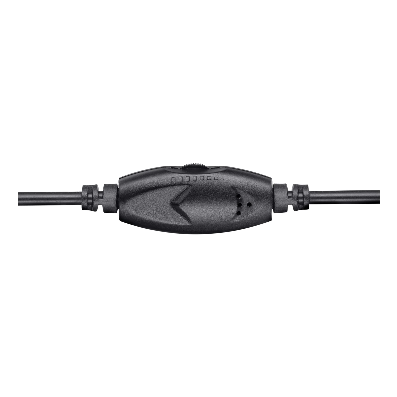 Gros plan sur la télécommande inline noire avec bouton de volume, sur câble noir