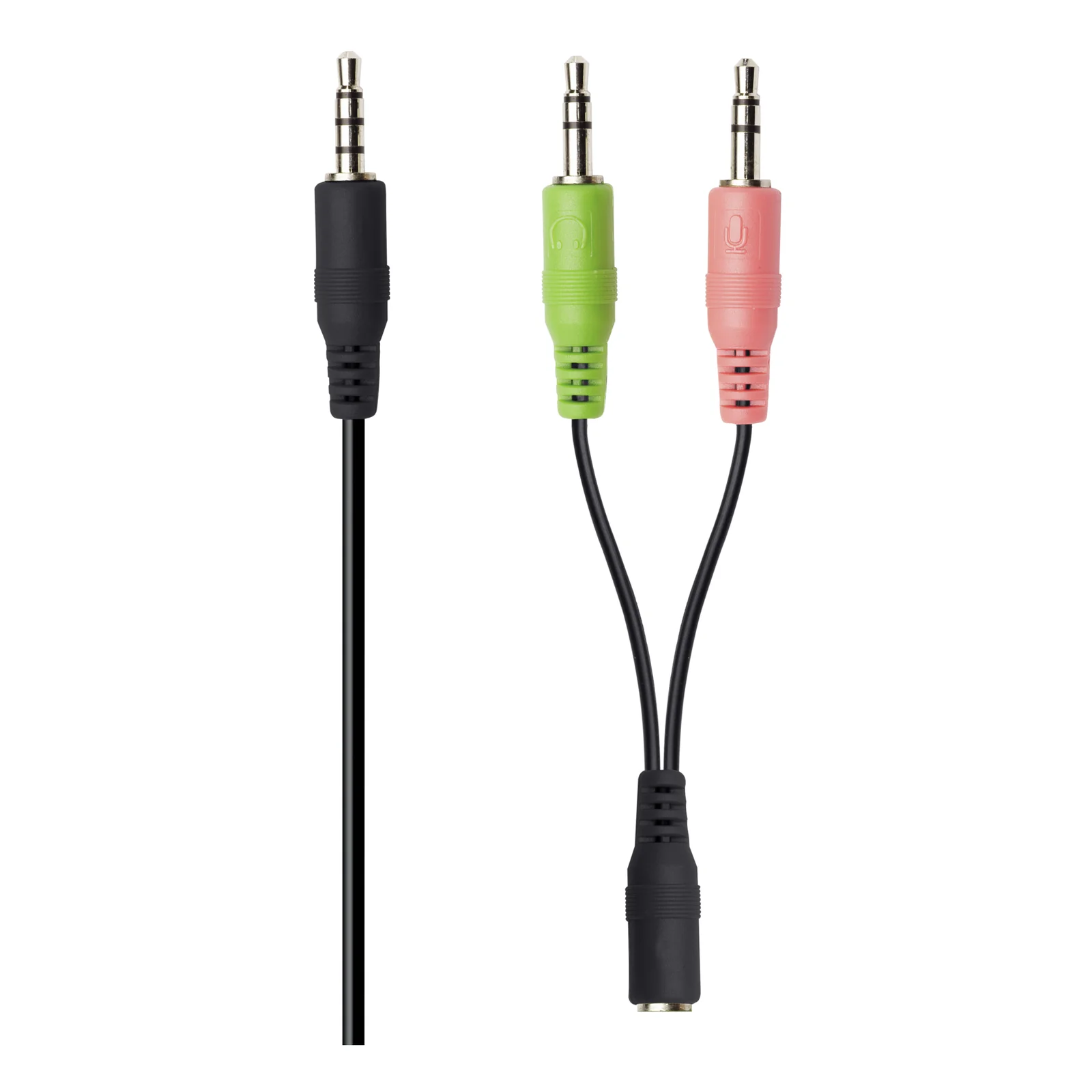 Câble adaptateur Y jack 3,5 mm, fiche verte micro et fiche rose casque sur fond blanc