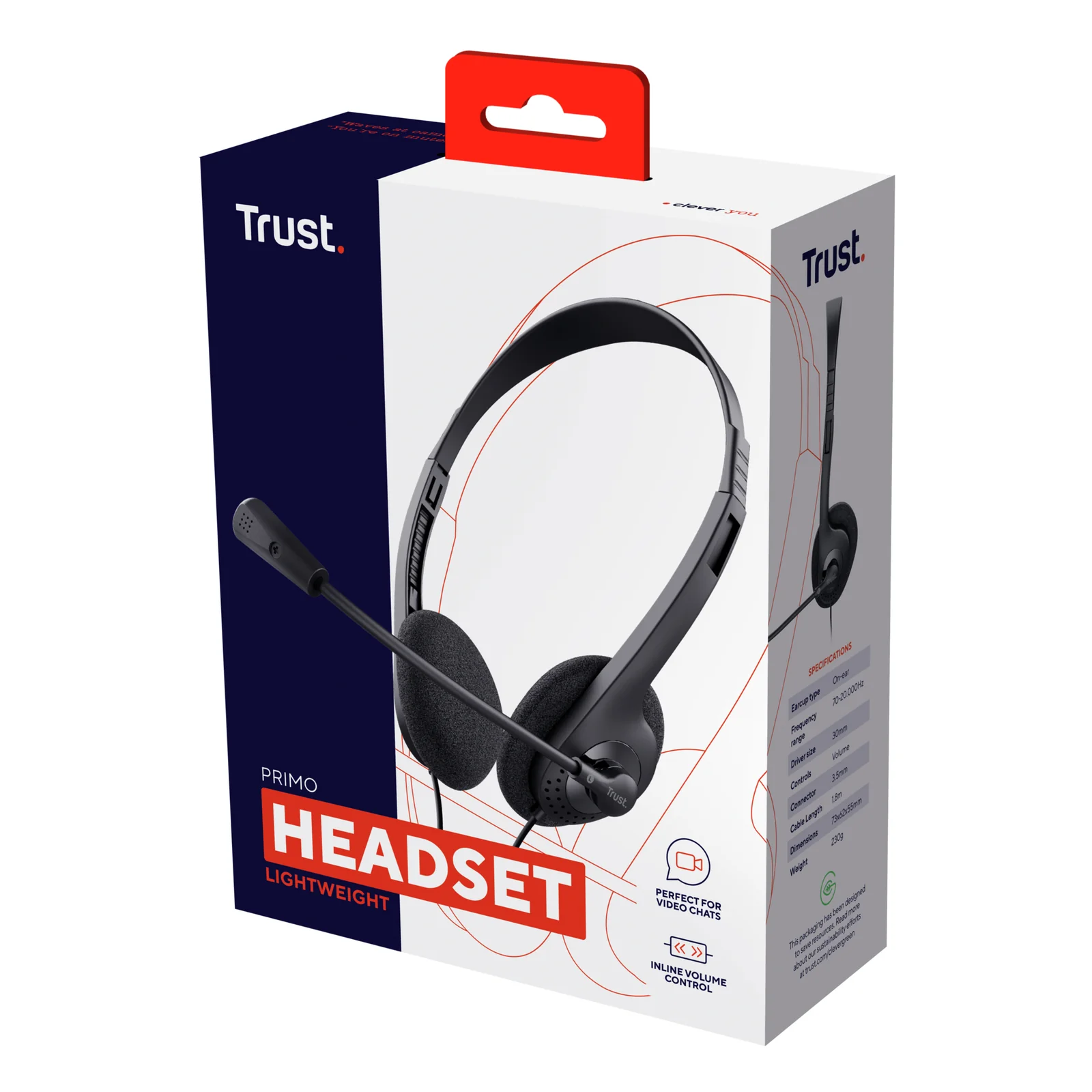 Boîte d'emballage Trust Headset, carton noir avec fenêtre produit et logo Trust