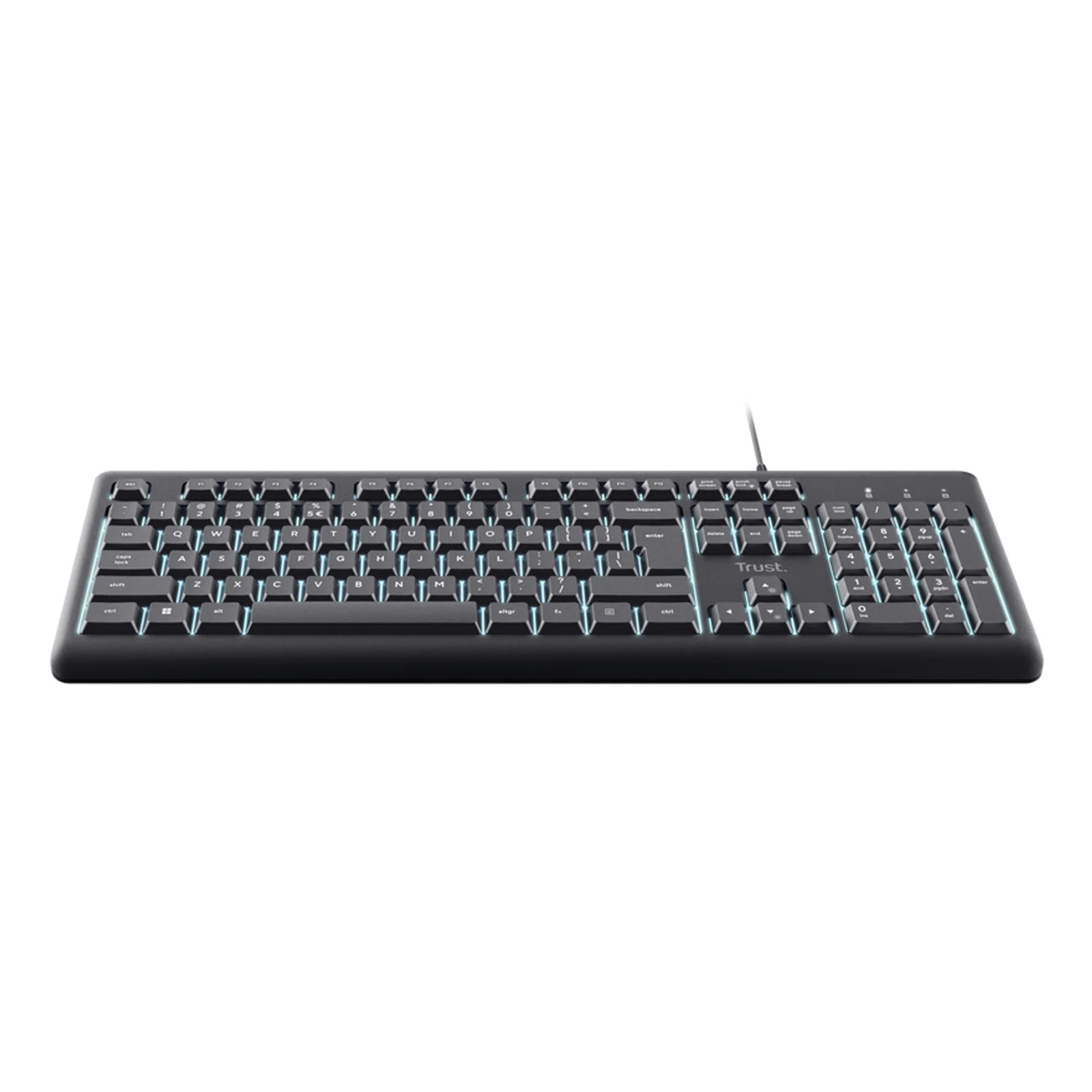 Clavier Trust Primo noir vu depuis le dessus, touches et pavé numérique de la disposition AZERTY visibles