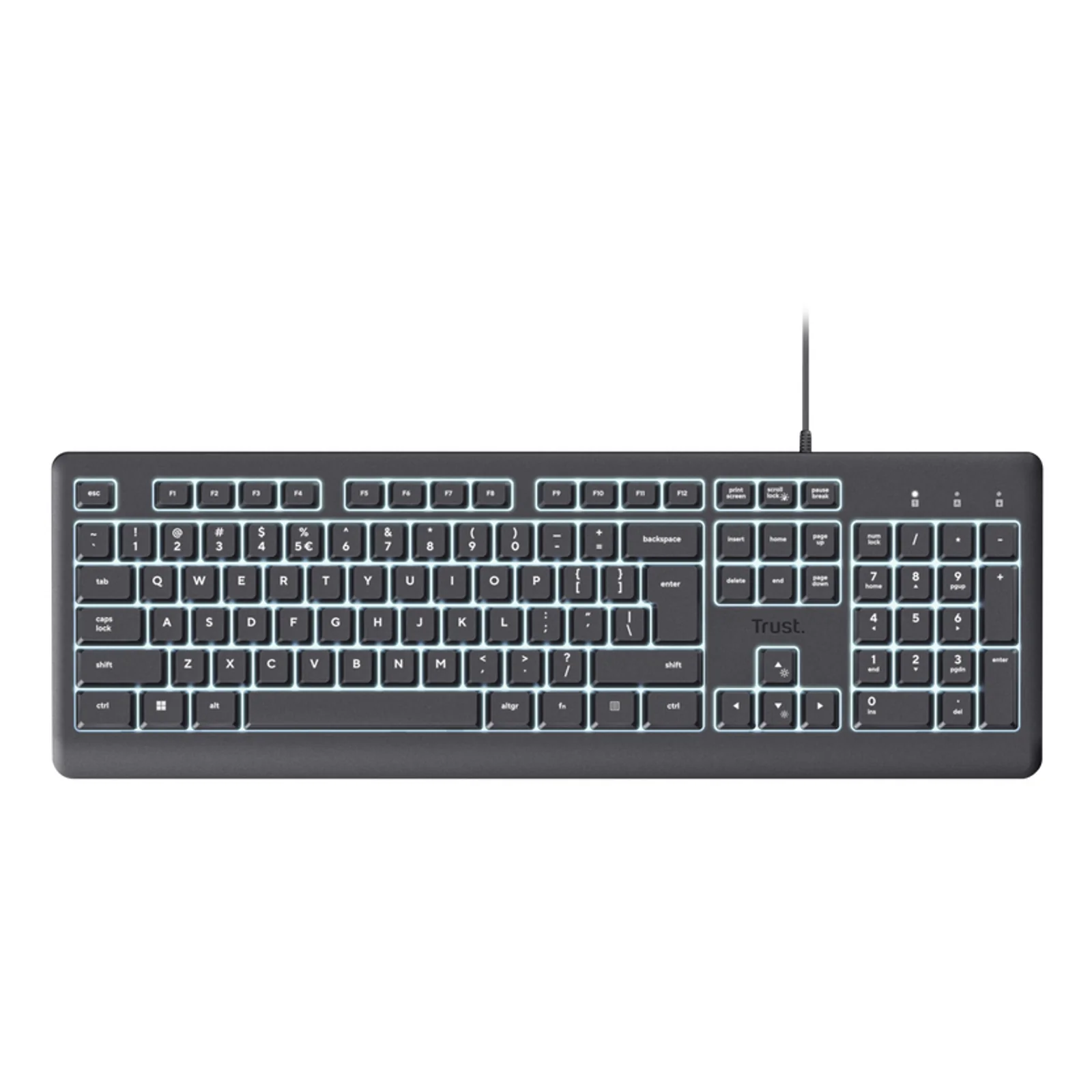Clavier Trust Primo noir en vue de face légèrement angulée, teinte anthracite sobre