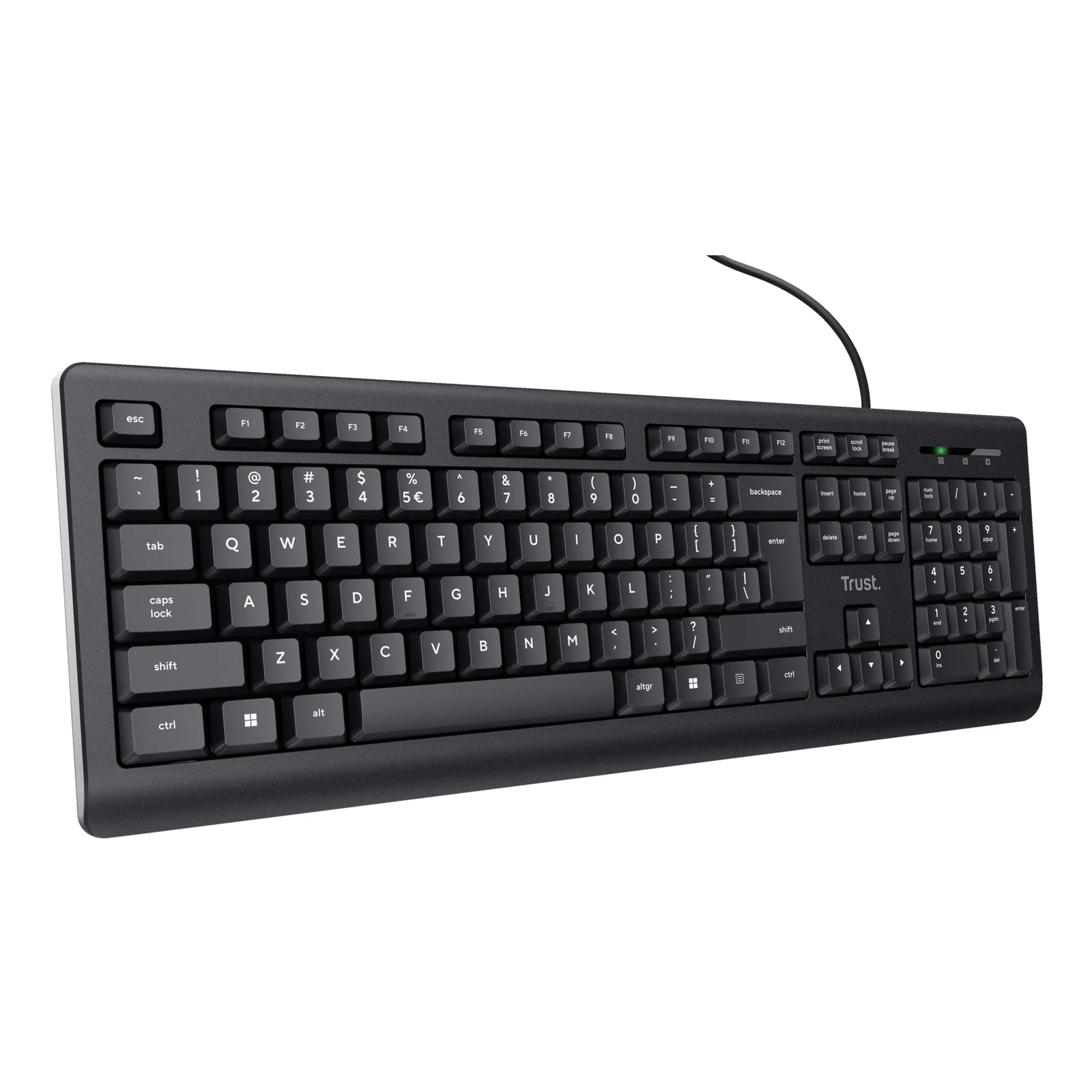 Vue trois quarts gauche, clavier Trust Primo noir pleine taille AZERTY, câble USB, fond blanc