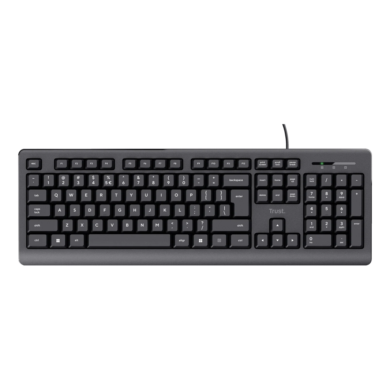 Vue de face, clavier Trust Primo noir AZERTY, logo Trust visible en bas à droite, fond blanc
