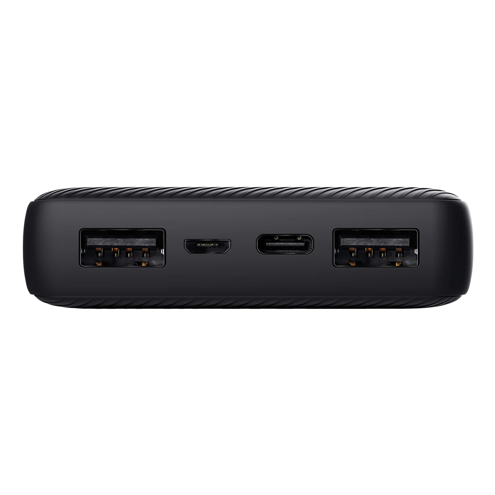 Vue de la tranche inférieure, 2 ports USB-A et 1 port USB-C alignés, fond blanc