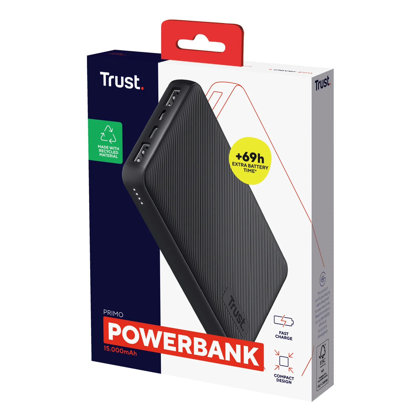 Packaging de vente, boîte noire avec logo Trust Powerbank et mention matériaux recyclés